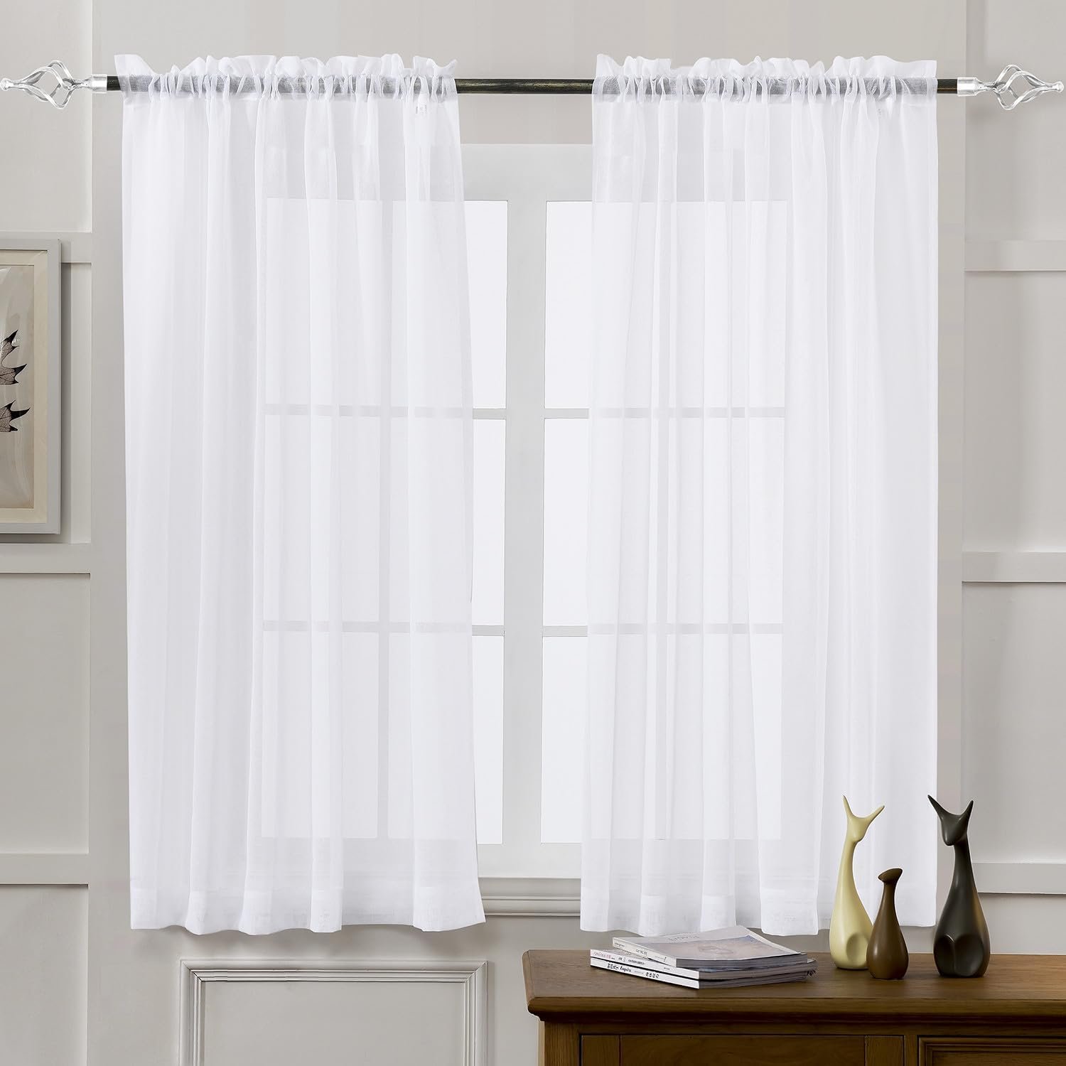 MYSTIC-HOME Sheer Curtains White 63 Inch Length, Rod Pocket Voile Drapes for Living Room, Bedroom, Window Treatments Semi Crinkle Curtain Panels for Yard, Patio, Villa, Parlor, Set of 2, 52″x 63″