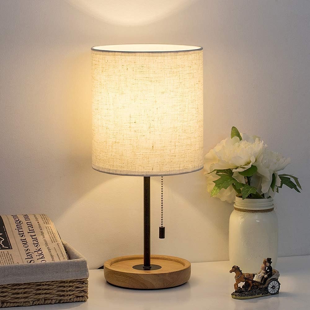 HAITRAL Bedside Table Lamp – Modern Nightstand Lamp with Linen Fabric Shade Wooden Desk Lamps for Bedrooms, Office, College Dorm, Dinning Room, Girls Room – 16 Inches (HT-AD005) | Modern Lamp, Wooden Desk Lamps for Bedrooms, Office, College Dorm, Dinning Room, Girls Room