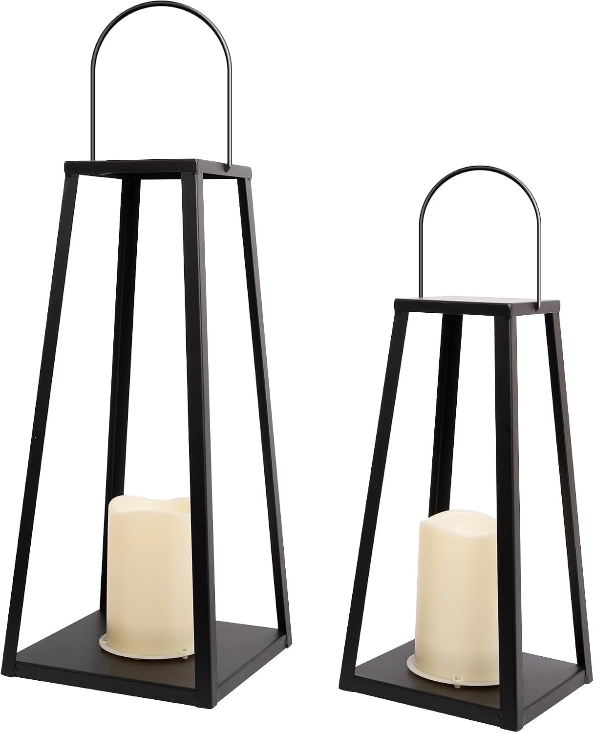 HPC Decor 2PCS Solar Lanterns for Outdoor Decor-20in 15.6in Black Metal Candle Lanterns w/ Waterproof Solar Powered Candles- Modern Farmhouse Hanging Decor for Front Porch,Yard Garden Patio