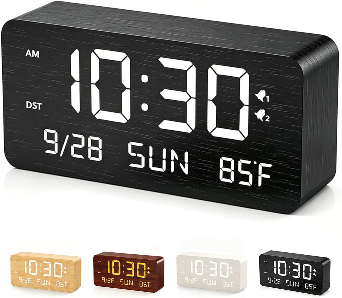 Wooden Digital Alarm Clock for Bedroom Desk Clock with Date, Day of Week, Temperature, Dual Alarms, Dimmer, USB Port Charge, DST, Adjustable Volume for Living Room/Office Wood Decor (Black)