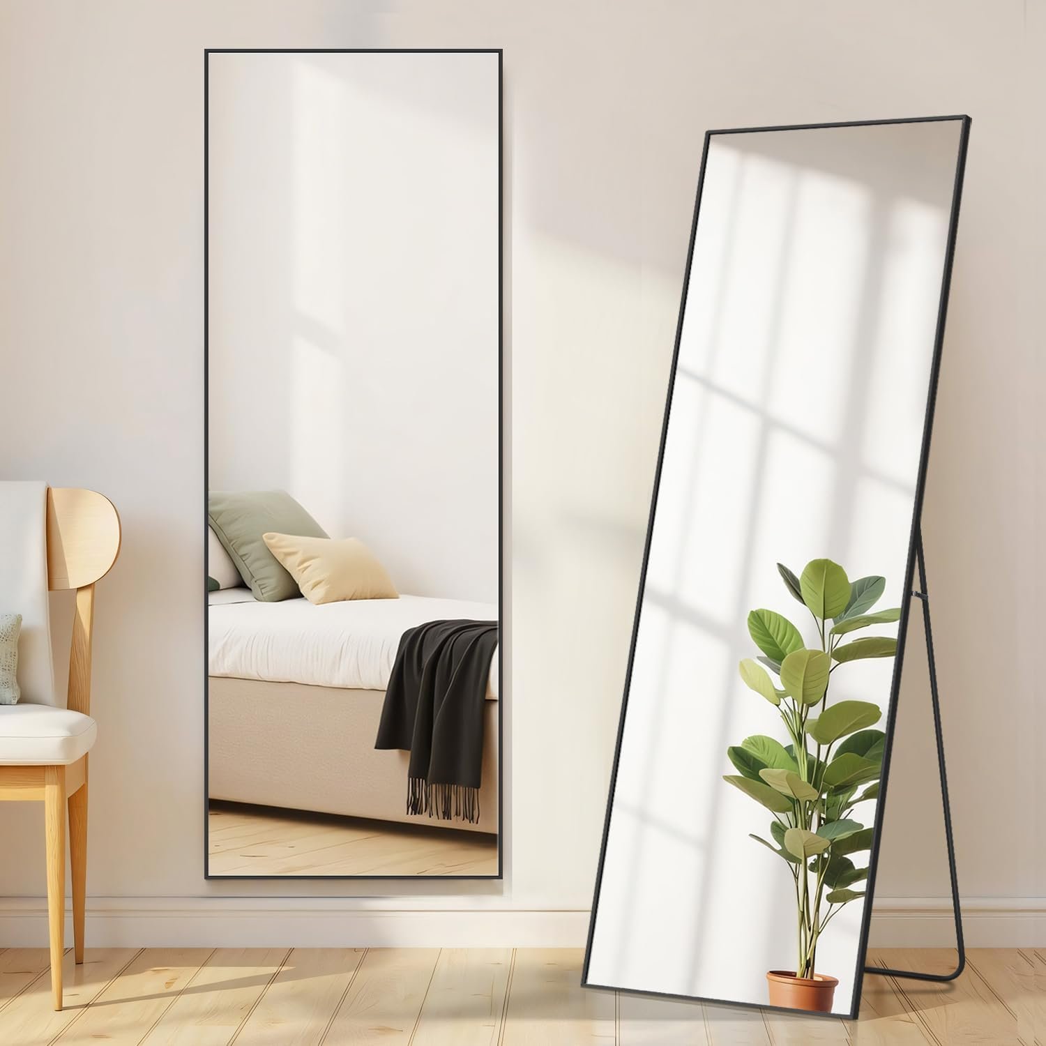 Mirror Full Length, Upgraded 16″x59″ Body Wall Mirrors with Shatter-Proof Glass, Floor Standing, Hanging or Leaning, Tall Mirror with Stand Aluminum Alloy Frame for Bedroom Cloakroom