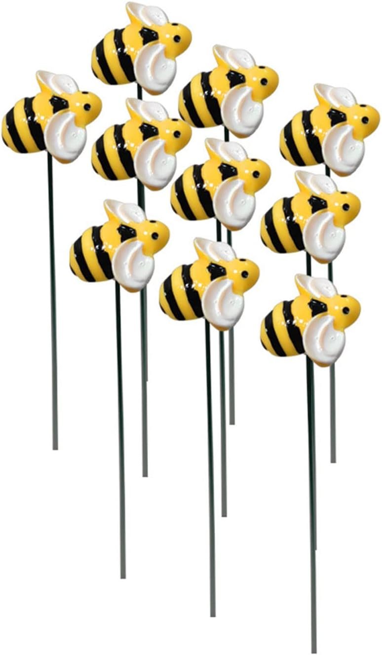 10Pcs Bee Garden Stakes Decor Metal Yard Art Ornaments Front Yard Art Stick Floral Picks Spring Summer Resin Bumble Bees Garden Stakes Outdoor Lawn Pathway Patio Plant Pot, Flower Bed Yellow
