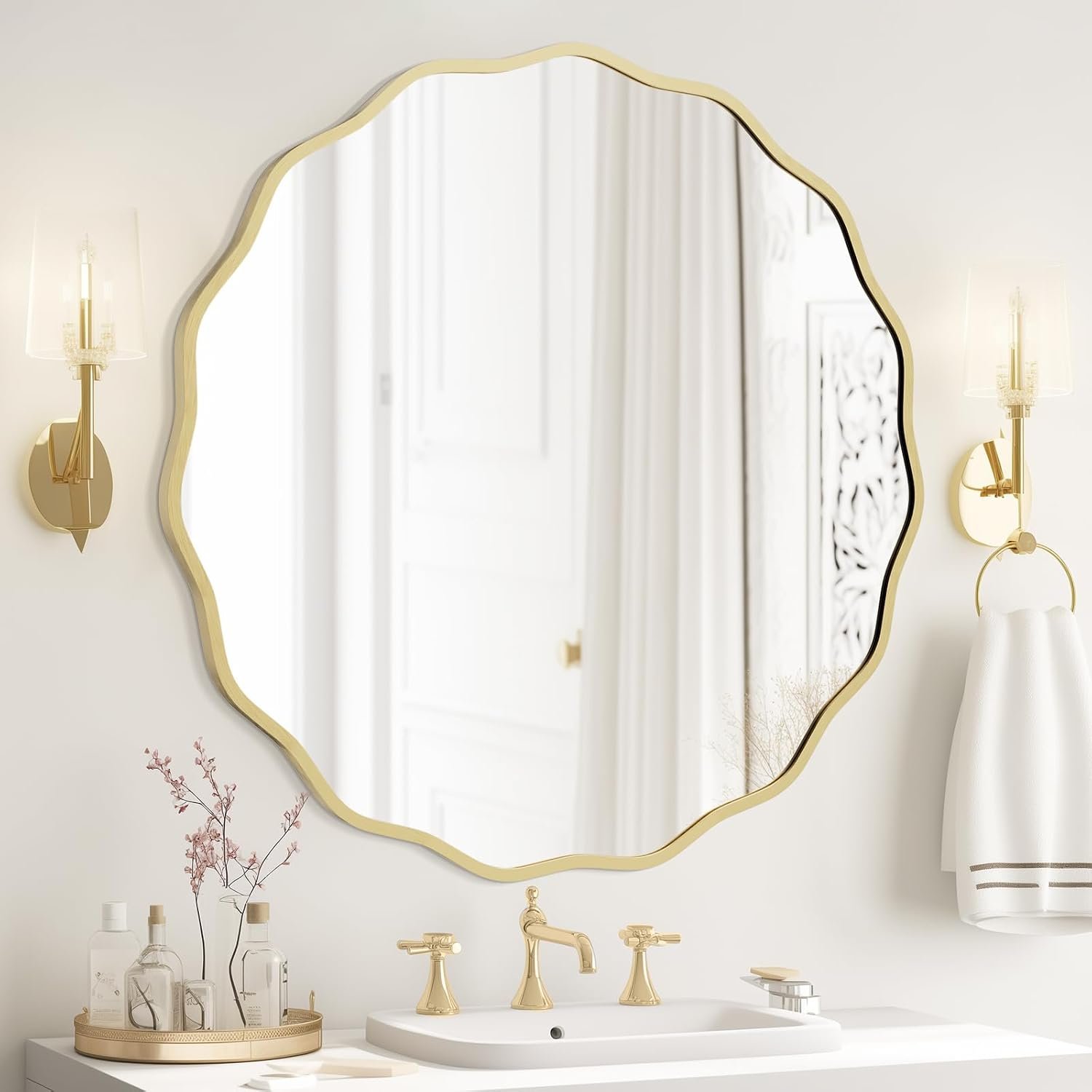 Round Wavy Mirror for Wall Decorative 32 inch, Modern Round Mirror Aluminum Frame for Bathroom Bedroom Living Room Home House Office Entryway, Gold