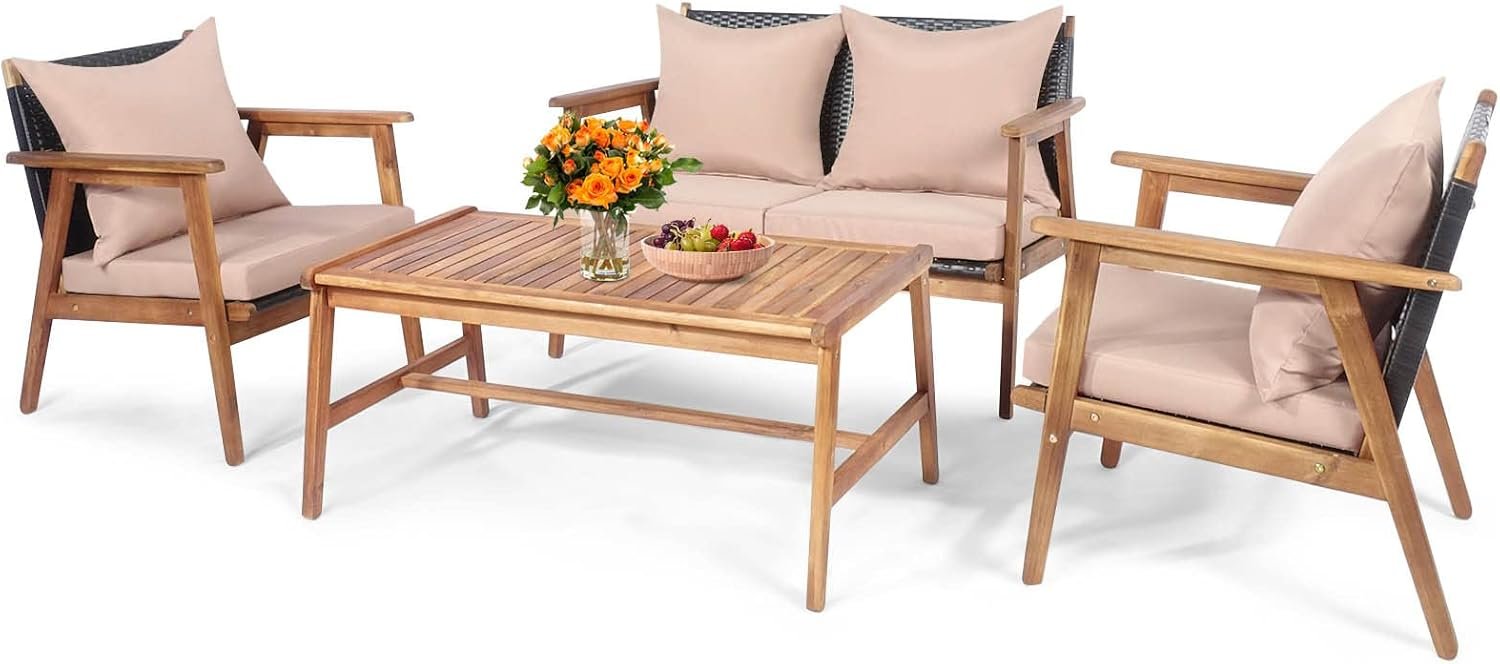 Tangkula 4-Piece Patio Furniture Set, Outdoor Acacia Wood Conversation Set with Cushions and Coffee Table, Outdoor PE Wicker Sectional Sofa Set for Garden, Poolside and Backyard (1, Beige)