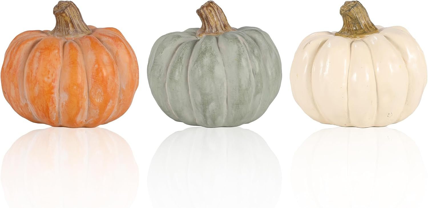 GoGnome Set of 3 Decorative Pumpkins – Resin Fall Harvest Décor in White, Sage Green & Orange, Rustic Autumn Table Centerpiece for Thanksgiving Farmhouse Home Decoration (White)
