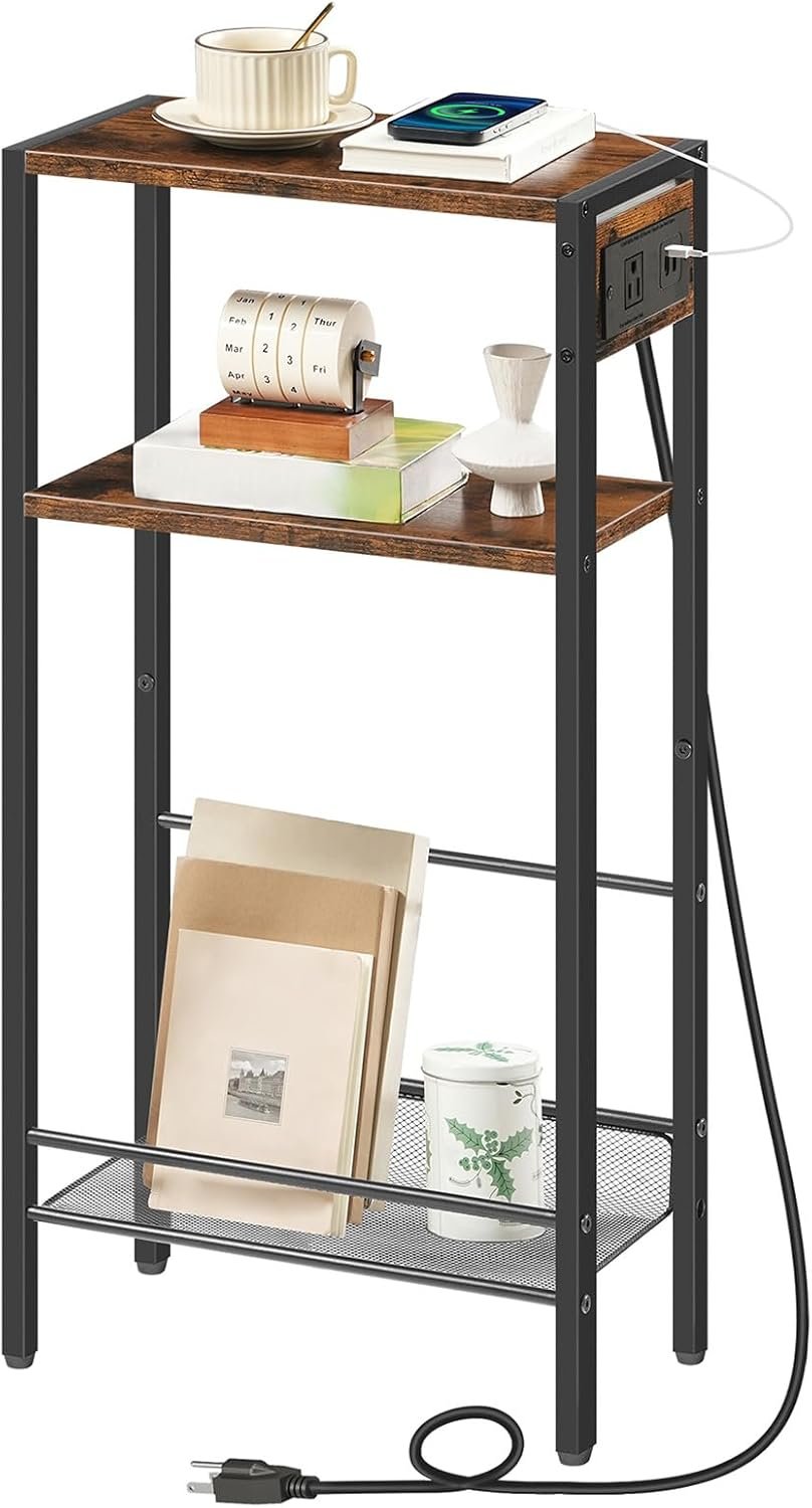 HOOBRO 15.7″ Narrow Console Table with Charging Station, 3 Tier Entryway Table for Small Space, Behind Couch Table, Sofa Table, for Entryway, Hallway, Living Room, Rustic Brown and Black BF42UXG01