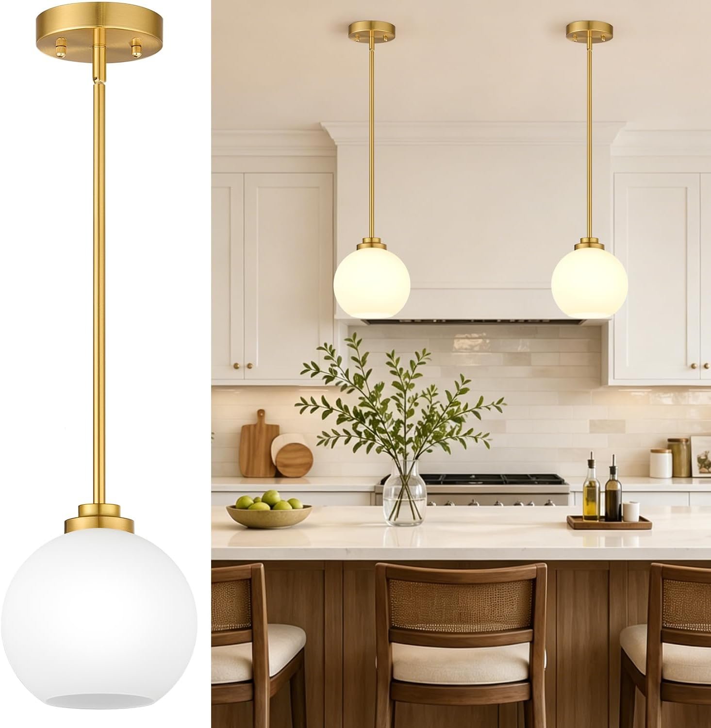 2 Pack Gold Globe Pendant Lights, Mid Century Gold Pendant Light Fixtures, Globe Pendant Lights Kitchen Island with Milk Glass Shade Adjustable Hanging Fixture for Dining Room (Bulbs not Included)
