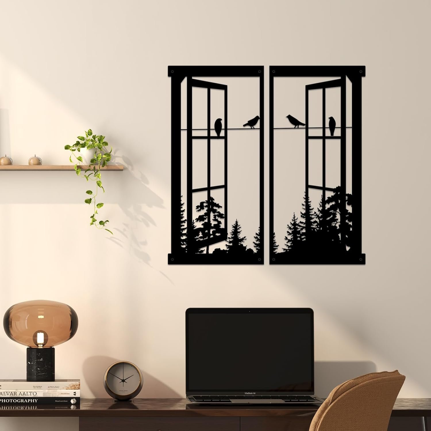Resama Metal Wall Art Birds In the Window Landscape Wall Hanger,Mountain and Forest Nature Metal Wall Decor,Unique Large Wall Decor, İnterior Design Housewarming Gift (Black, Large)
