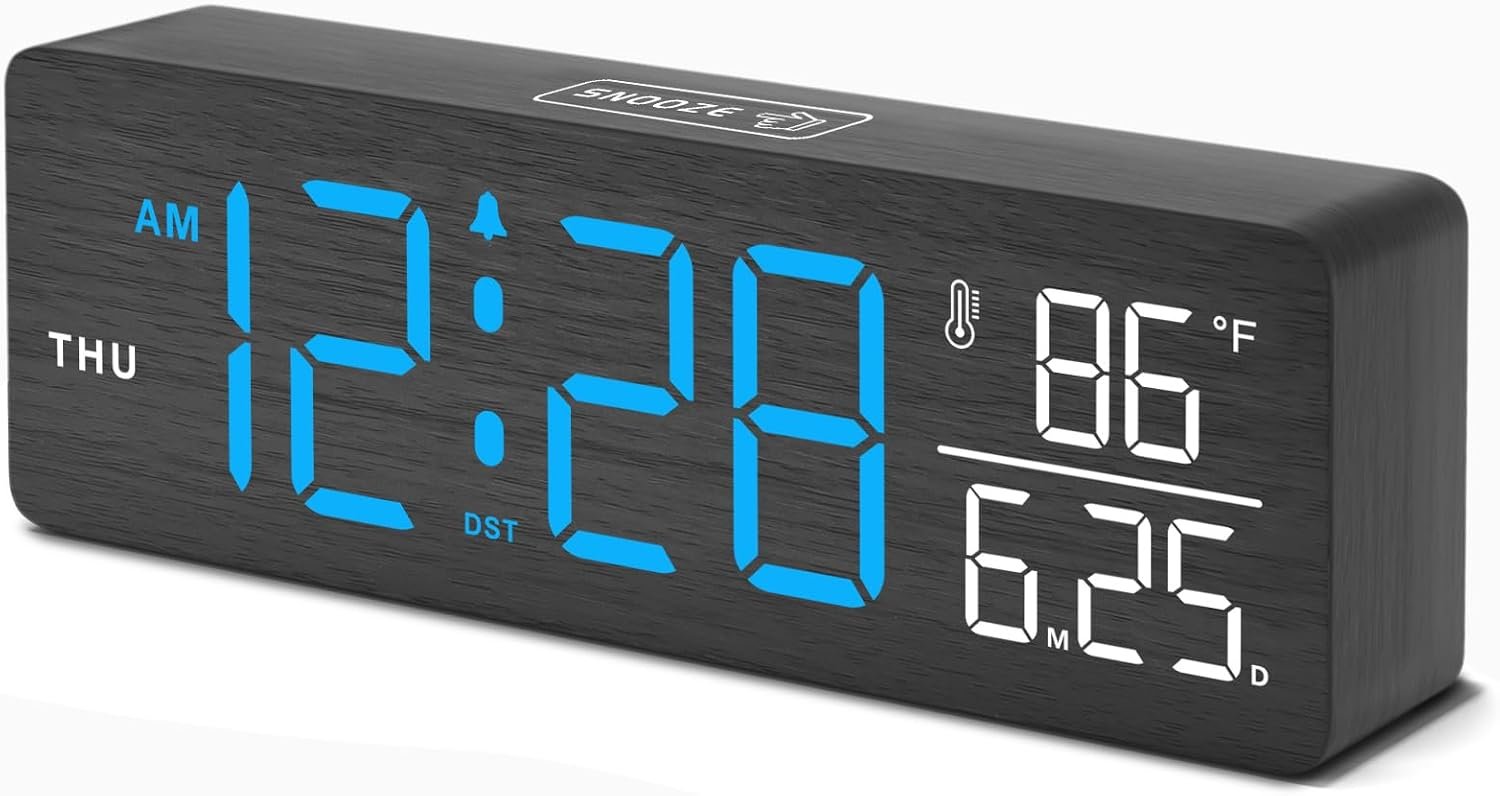 DreamSky Wooden Digital Alarm Clock with Date & Day of Week for Bedroom | Large Display Desk Clock for Living Room, Temperature, Dimmer, Adjustable Volume, Auto DST, Office Wood Décor (Plug-in)