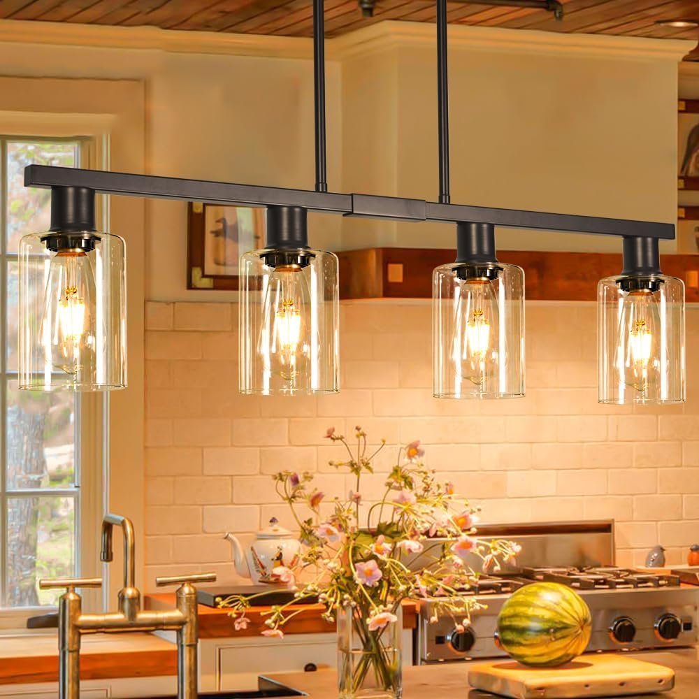 DSMJFU 4-Light Kitchen Island Lighting Black Bar Island Lights for Kitchen | Adjustable Height & Clear Glass Shades,Simplicity Farmhouse Chandelier,Linear Hanging Dining Room Light Fixture Over Table