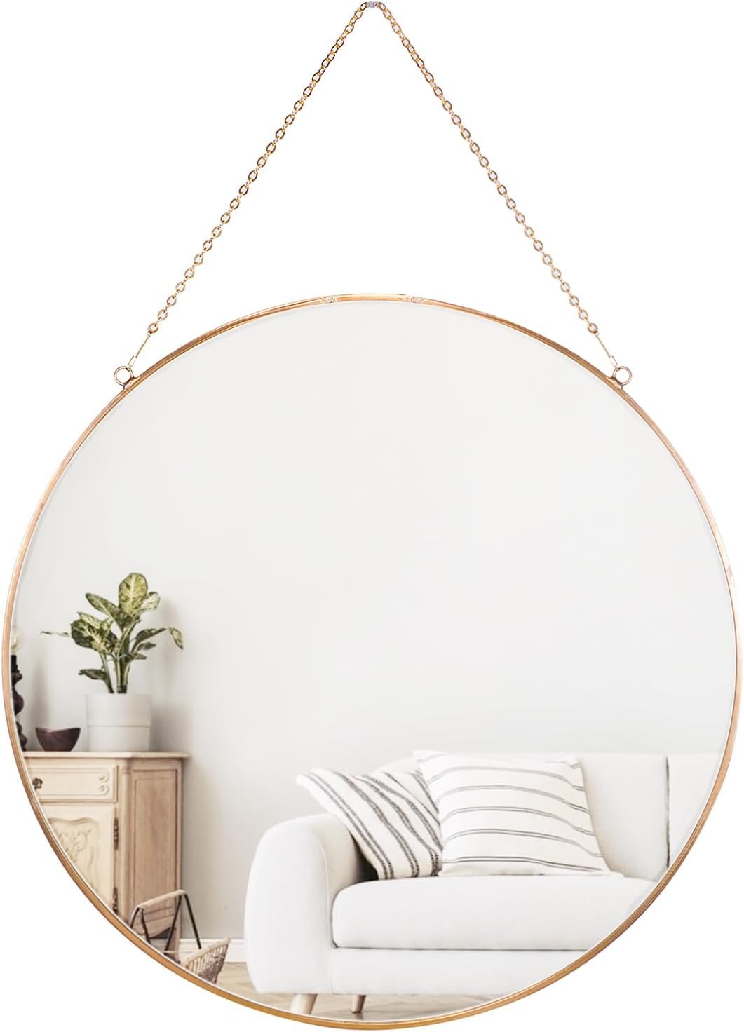 Dahey 11.8″ Small Circle Round Office Wall Hanging Mirror with Chain, Gold | Anti-Scratch Velvet Back, Easy to Hang, Metal Frame, Nordic Minimalist Boho Wall Decor, for Bathroom Bedroom Living Room Dorm