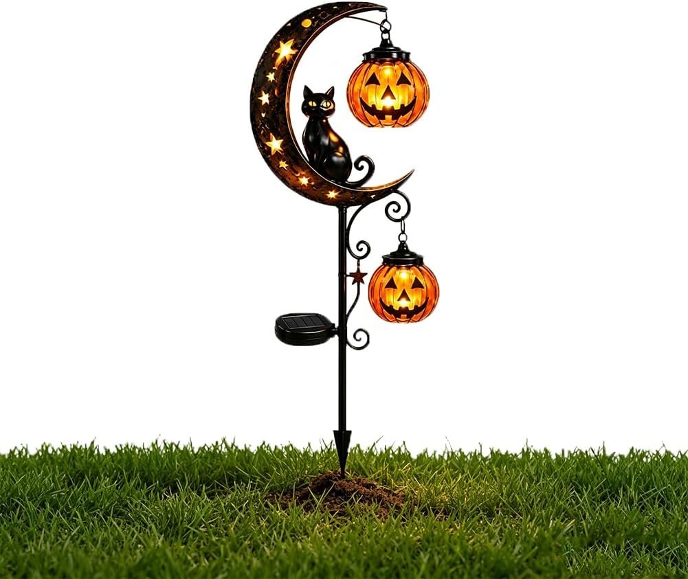 Solar Halloween Black Cat & Pumpkin Moon Garden Stake Light, Outdoor Waterproof LED Yard Decoration with Crescent Moon, Hanging Jack-o’-Lantern Lantern for Garden, Patio, Walkway, Porch (Style C)