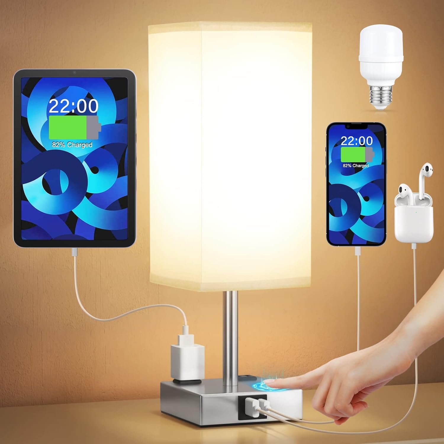 Touch Bedside Table Lamp for Bedroom – Dimmable, USB C+A, 2 AC Outlets | 3-Way Dimming, 3000K Bulb Included, Square Grey Lampshade and Silver Base, Desk Lamp for Nightstand, Living Room, Dorm