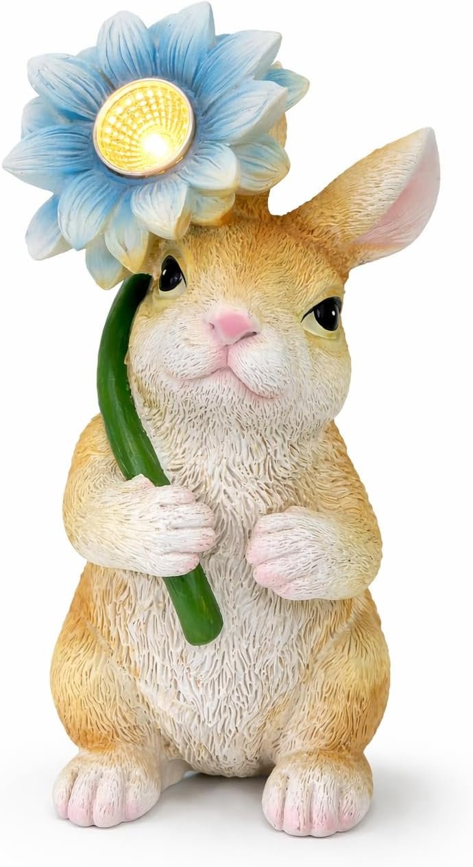 GoGnome Solar Rabbit Garden Statue with LED Flower – Hand-Painted Resin Bunny Figurine, Outdoor Solar Light Decor for Yard, Patio, Porch, Lawn (Rabbit)
