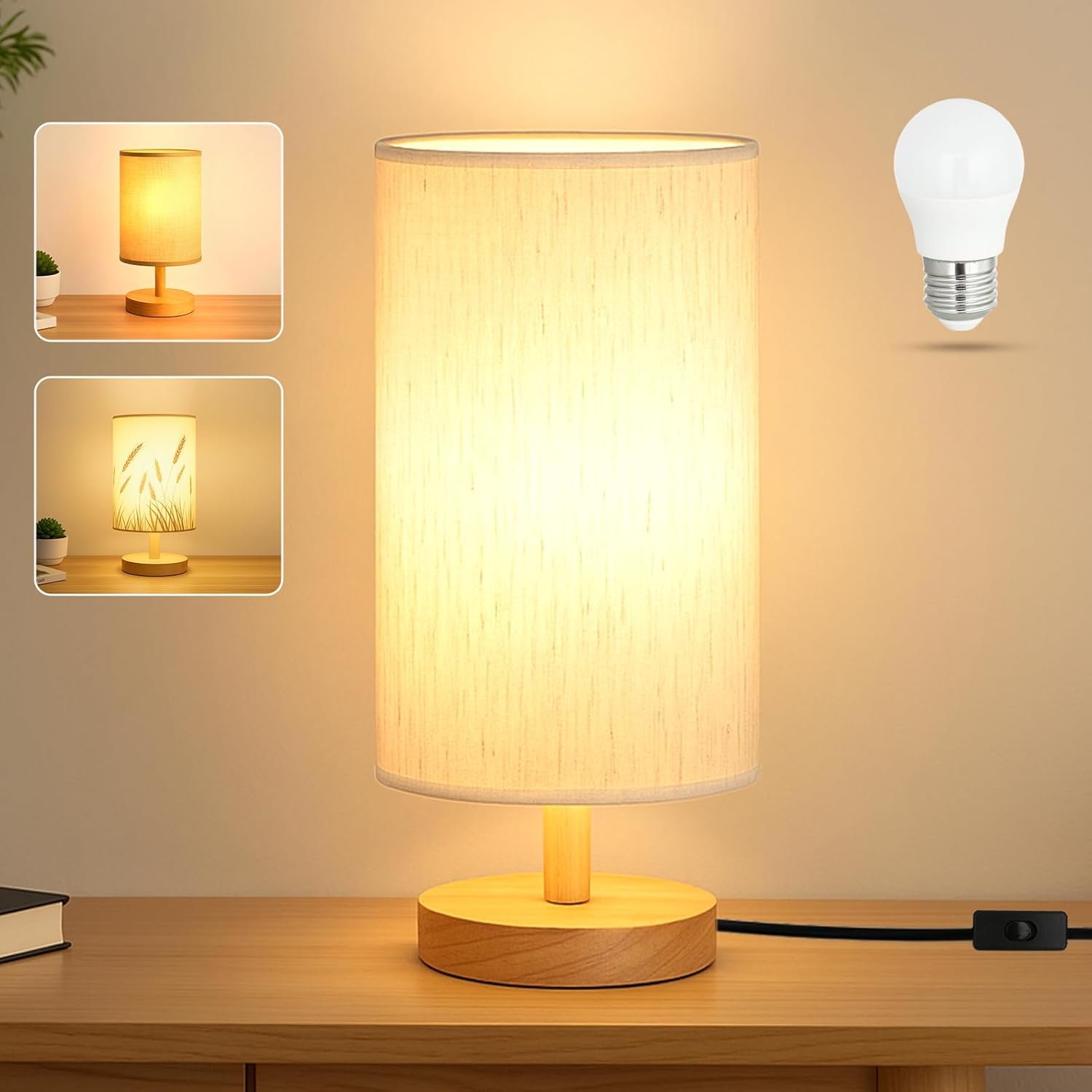 Desk Lamp LED Bulb Included, Small Bedside Table Lamp Plug-in – Classic Wood Base with Flaxen Fabric Shade, Lamps for Night Stands, Simple Nightstand Light for Bedroom, Office, Desk