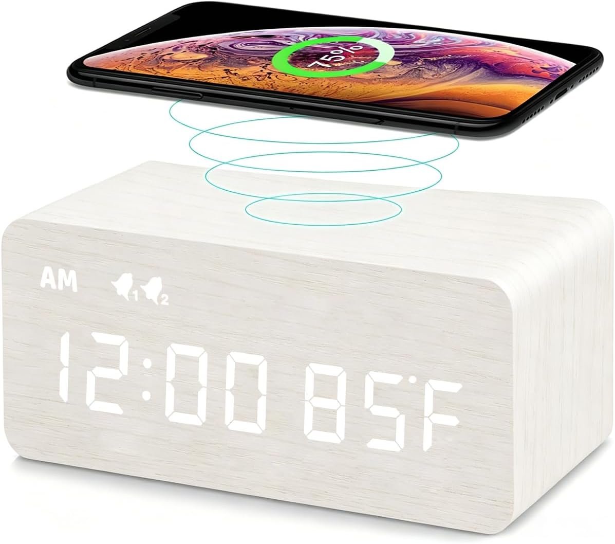 Premium White Wooden Digital Alarm Clock with Wireless Charging Pad, Time & Temperature Display, Dual Alarms & Snooze, Dimmable, Small LED Desk Clock for Bedroom Nightstand Bedside Living Room Table