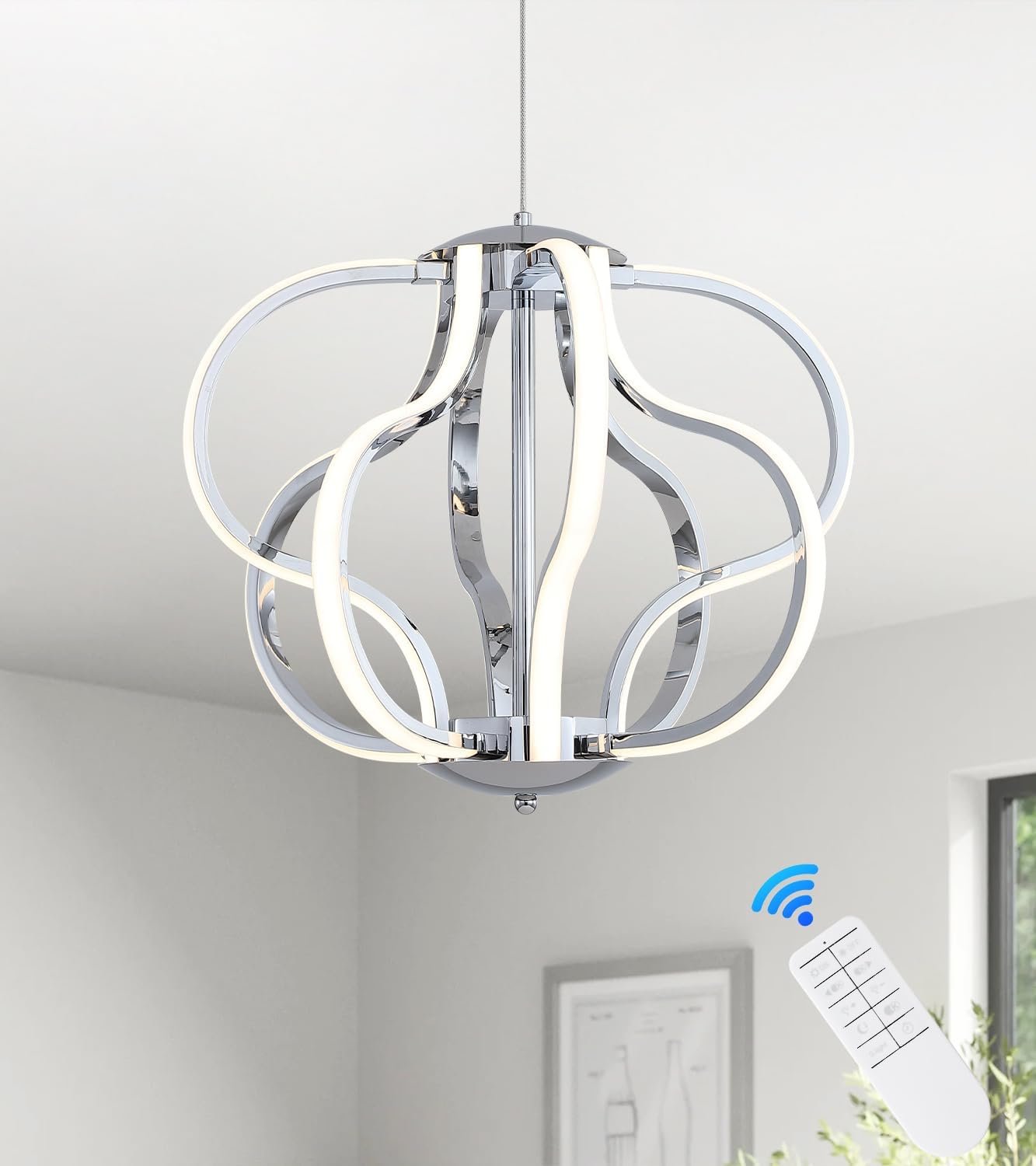 Modern Chrome LED Chandelier with Remote Control, Dimmable LED Chandelier with 3 Color Temperature,8 Lights Hanging Pendant Lights for Dining Room Foyer Entryway Kitchen Living Room