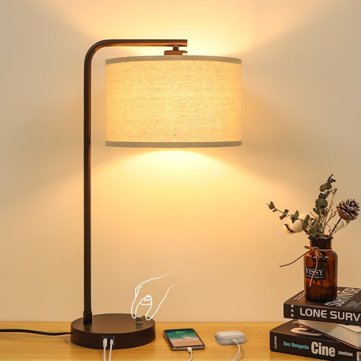 25″ Tall Table Lamp with USB C+A Ports, Fully Stepless Dimmable Modern Minimalist Bedside Nightstand Lamp, Reading Desk Lamp for Bedroom, Living Room, Study Room, Office, 9W 3000K LED Bulb Included
