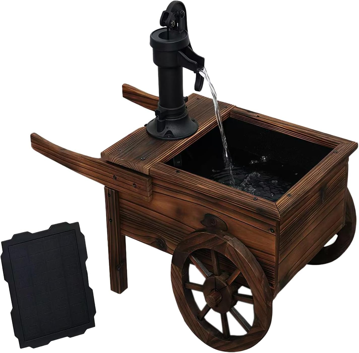 Carbonized Wood Outdoor Freestanding Fountain – Movable Vintage Hand Pump Cart, Solar-Powered Electric Decorative Water Feature for Patio, Garden & Indoor Decoration