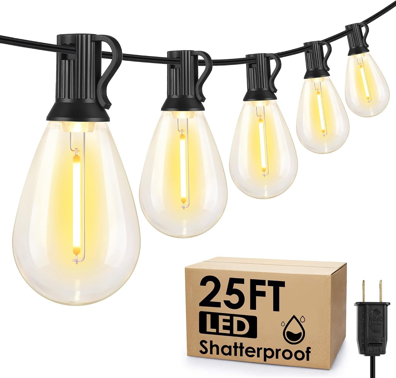 25FT LED Outdoor Patio String Lights, 10+1 Edison S11 Bulbs, Black | Plug in, Dimmer not included, Dimmable, Waterproof, Shatterproof, Connectable Hanging Lights for Backyard Pergola Decor