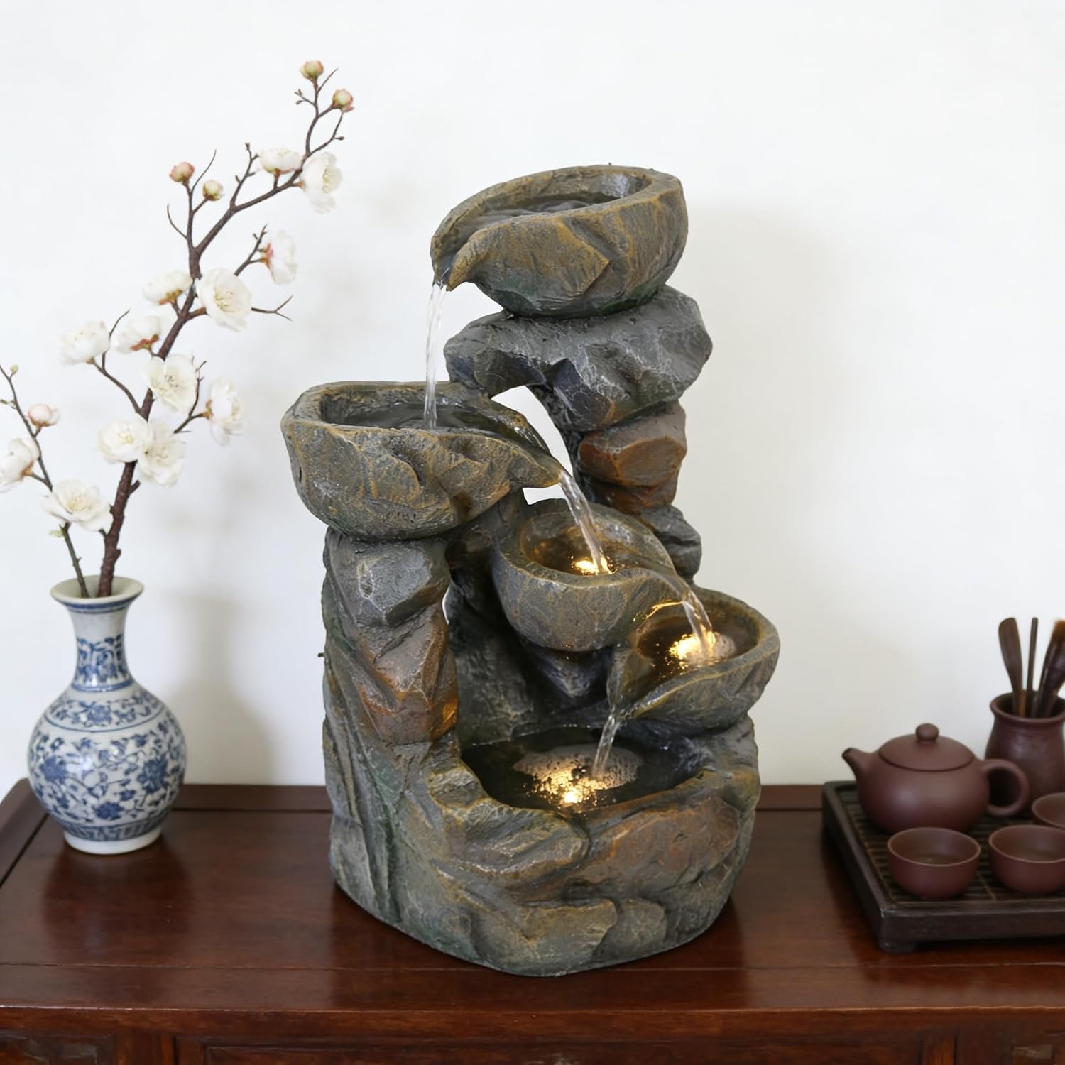 Resin Outdoor Stone Bowl Water Fountain with LED Lights(Light Brown) | 10.2″x6.9″x15.7″,Waterfall Fountain for Garden Decor Indoor Outdoor Use
