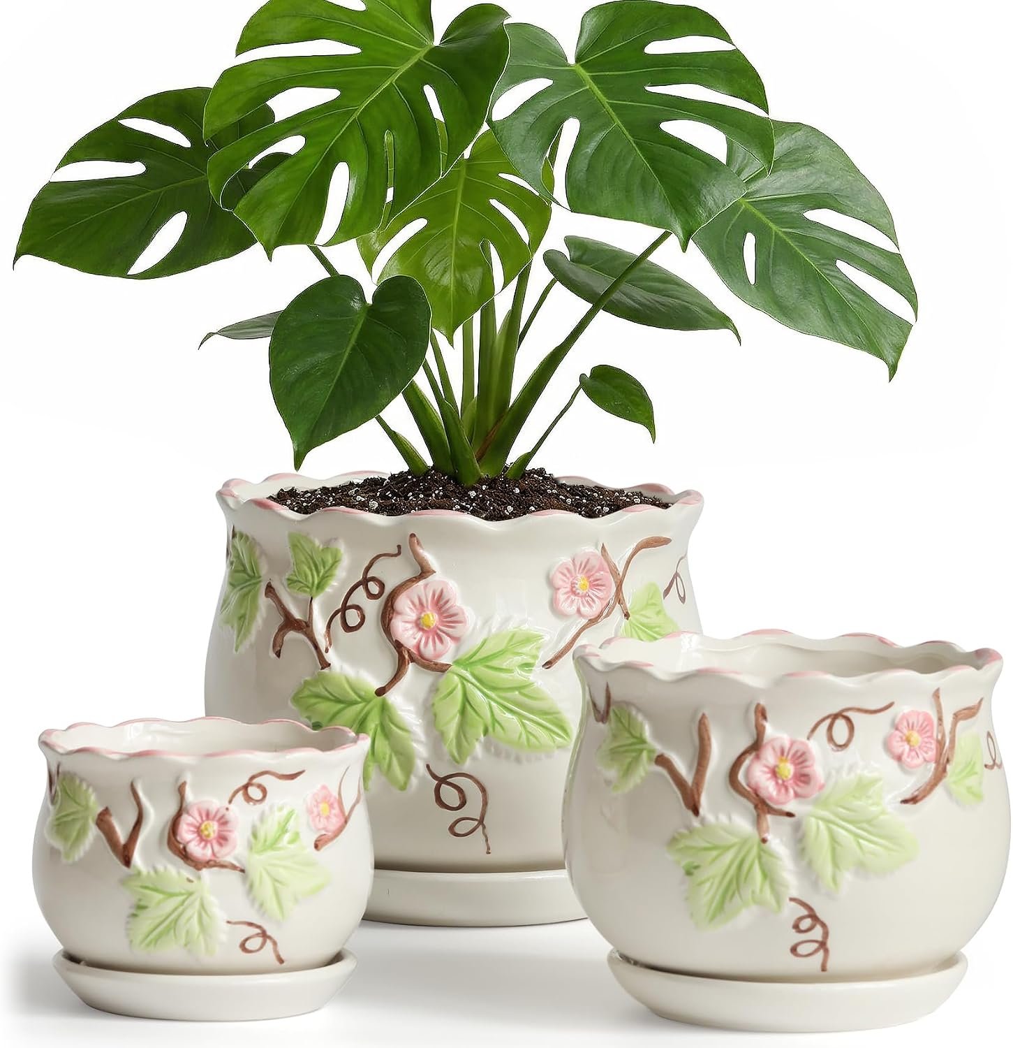 Ceramic Plant Pots with Drainage Holes and Saucers, Small Planters Set of 3 | Round Hand-painted Green Flower Pots for Indoor Plant, 4/5.2/6.6 Inches Vintage Decorative Succulent Pot