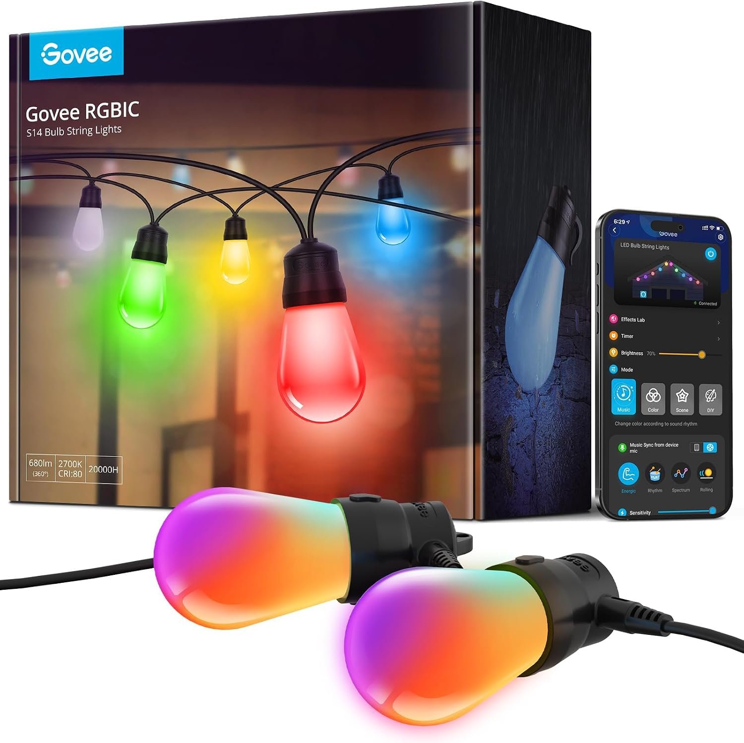 Govee Smart Outdoor String Lights H7015, 48ft RGBIC, IP65, 47 Scene Modes | 15 Dimmable LED Bulbs Outdoor Lights with Color Changing Warm White Lights for Patio, Backyard, App Control, Bluetooth