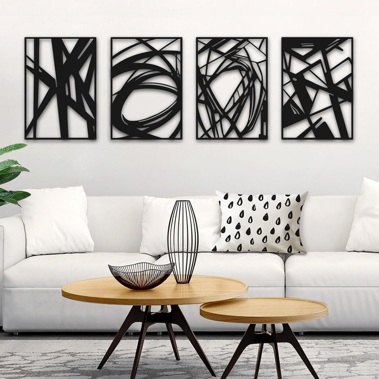 Bakovity Black Metal Abstract Wall Art, Modern 3D Living Room Wall Decor | Black and White Wall Art for Bedroom, Bathroom, Office, Living Room (4 Pcs, 16×11 in)