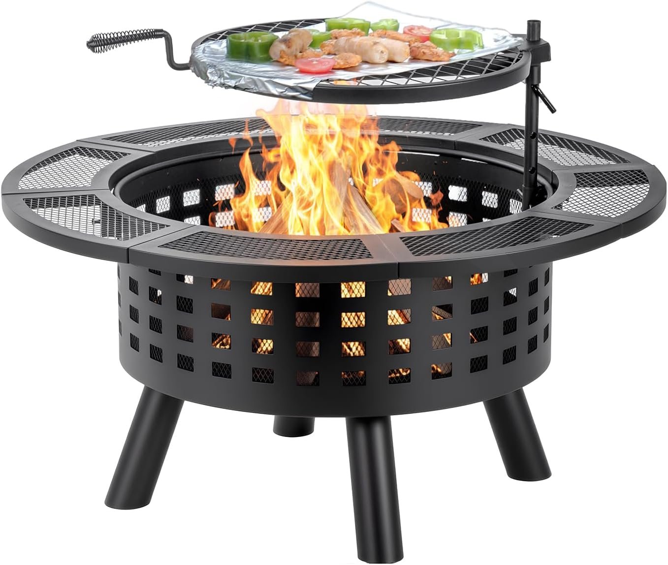 Verdeluxe 36 inch Outdoor Fire Pit with Cooking Grate 3-in-1 Fire Pit Table | Wood Burning Fire Pits for Outside with Lid & Fire Poker,Metal Fire Pit,Outdoor Fireplaces for Bonfire,Yard,BBQ（Jet Black）