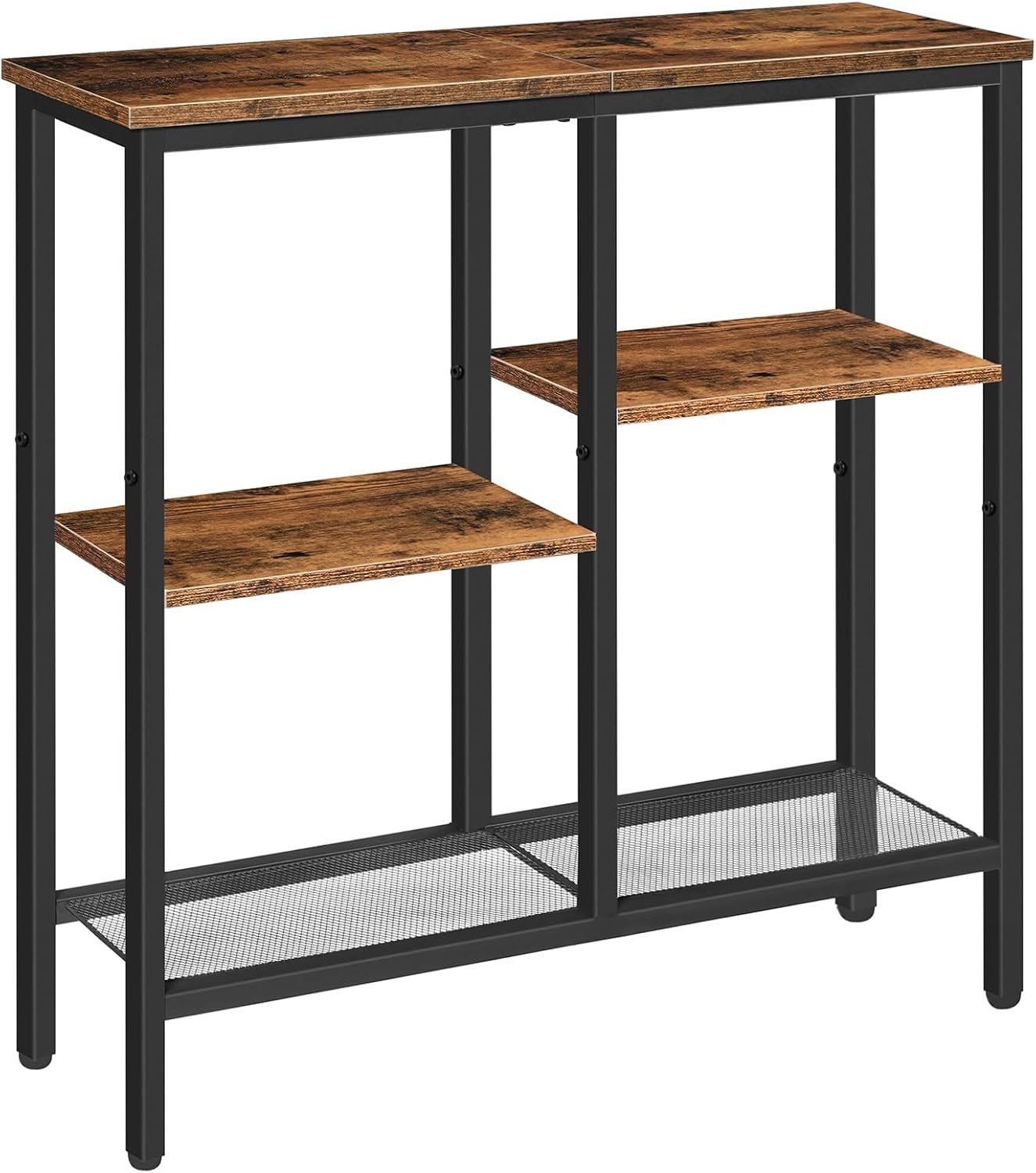 HOOBRO Narrow Console Table, Sofa Table, 4-Tier Industrial Entryway Table with Metal Mesh Shelf, Hallway Table with Adjustable Feet, for Entryway, Living Room, Hallway, Rustic Brown and Black BF79XG01
