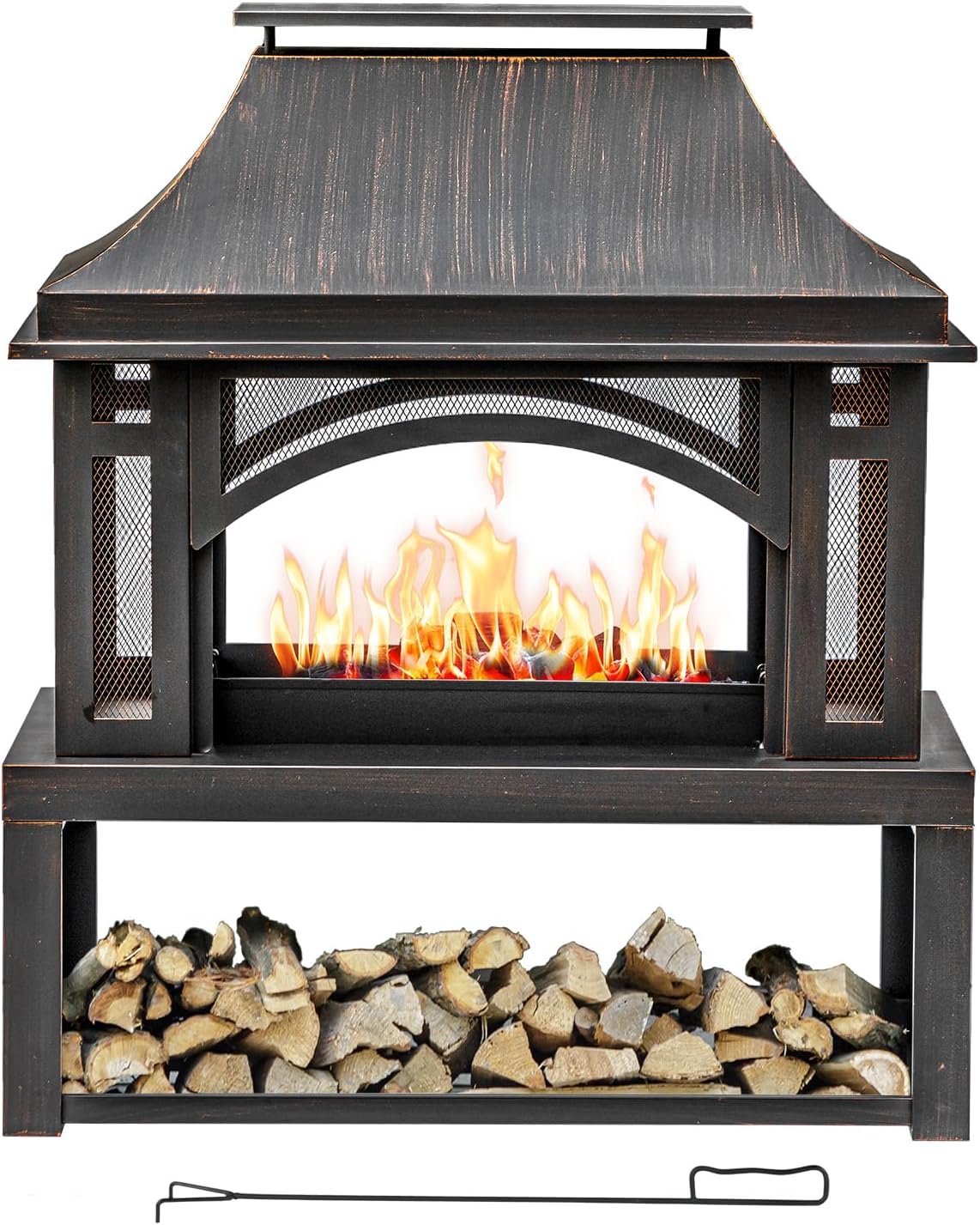 39″ Fire Pits with Wood Storage for Outside, Large Wood Burning Outdoor Fireplace with Chimney, Mesh Spark Screen & Fire Poker, Idea for Backyard, Patio, Party, Camping, Picnic