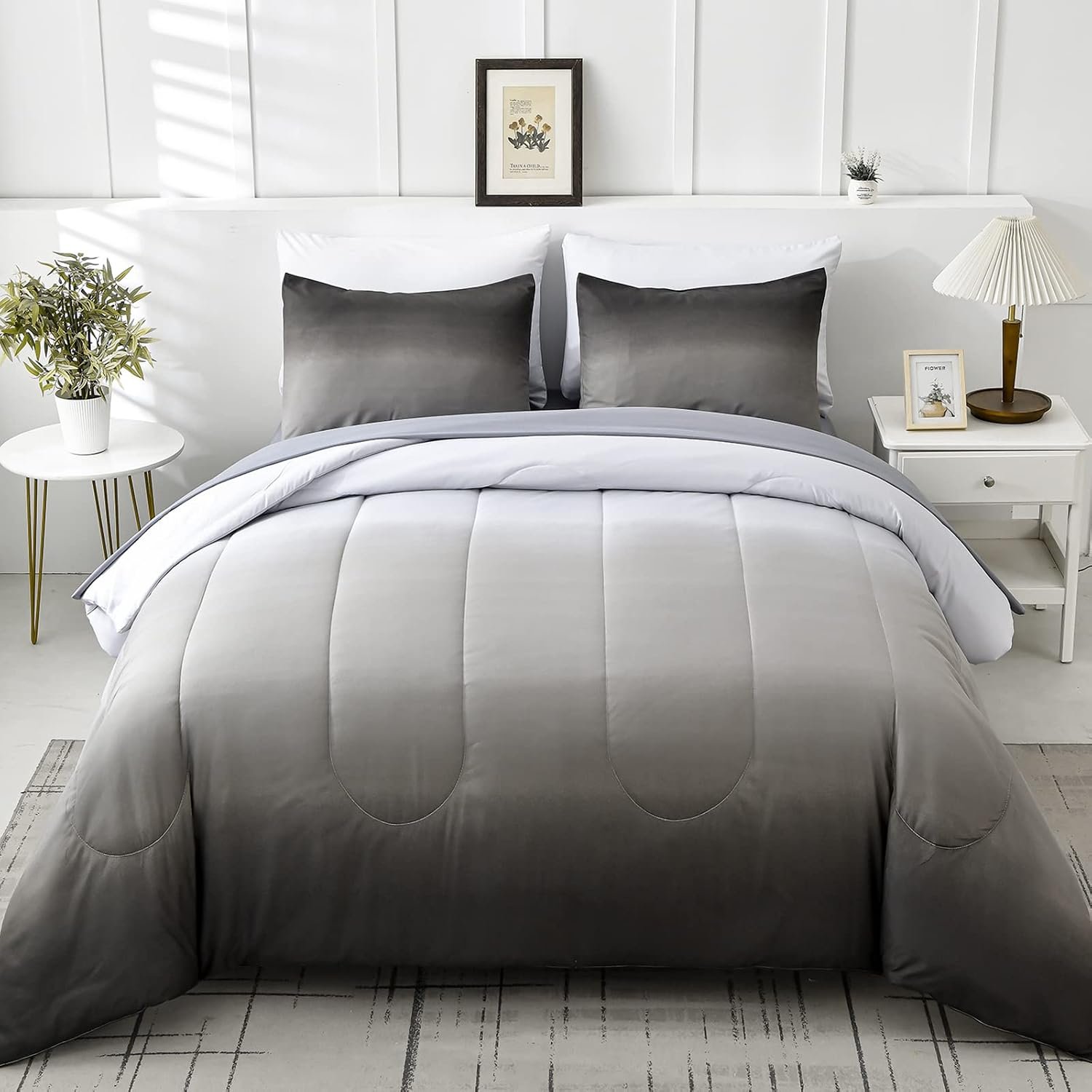 Grey Comforter Set Queen Size 7 Pieces Ombre Effects Gradient Black and Grey Bedding Bed in a Bag – All Season Lightweight Microfiber Bedding Sets with Comforter for Women Men Teens (90″ x90″)