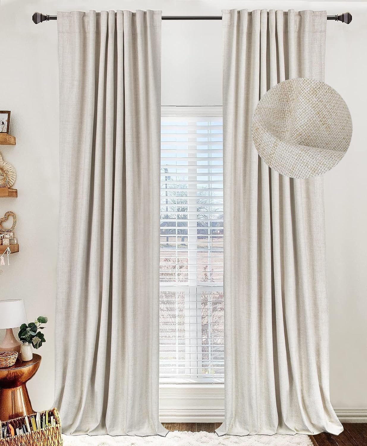 Linen Textured Total Blackout Curtains for Bedroom 108 Inches Long, Cream | 100% Blackout Shield, Back Tab/Rod Pocket Living Room Drapes, Thermal Insulated Blackout Curtains 2 Panels Set, 50″W x 108″L