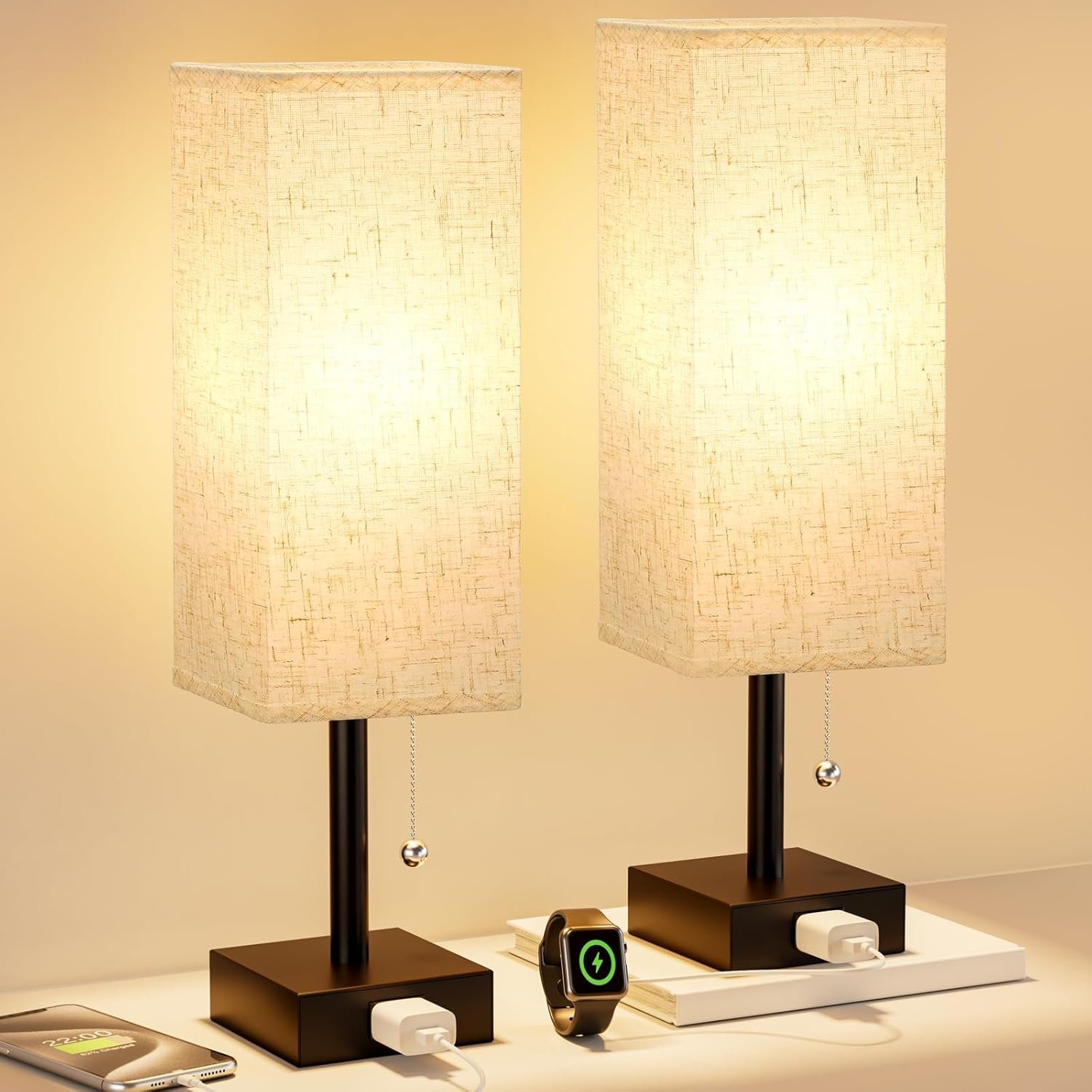 Bedside Lamp for Bedroom Set of 2 – Small Table Lamp for Nightstand | AC Outlet, 3 Color Temperatures, LED Bulb Included, Pull Chain Design, 14″ Rectangular Desk Lamp for Dorm/Office, 2-Pack