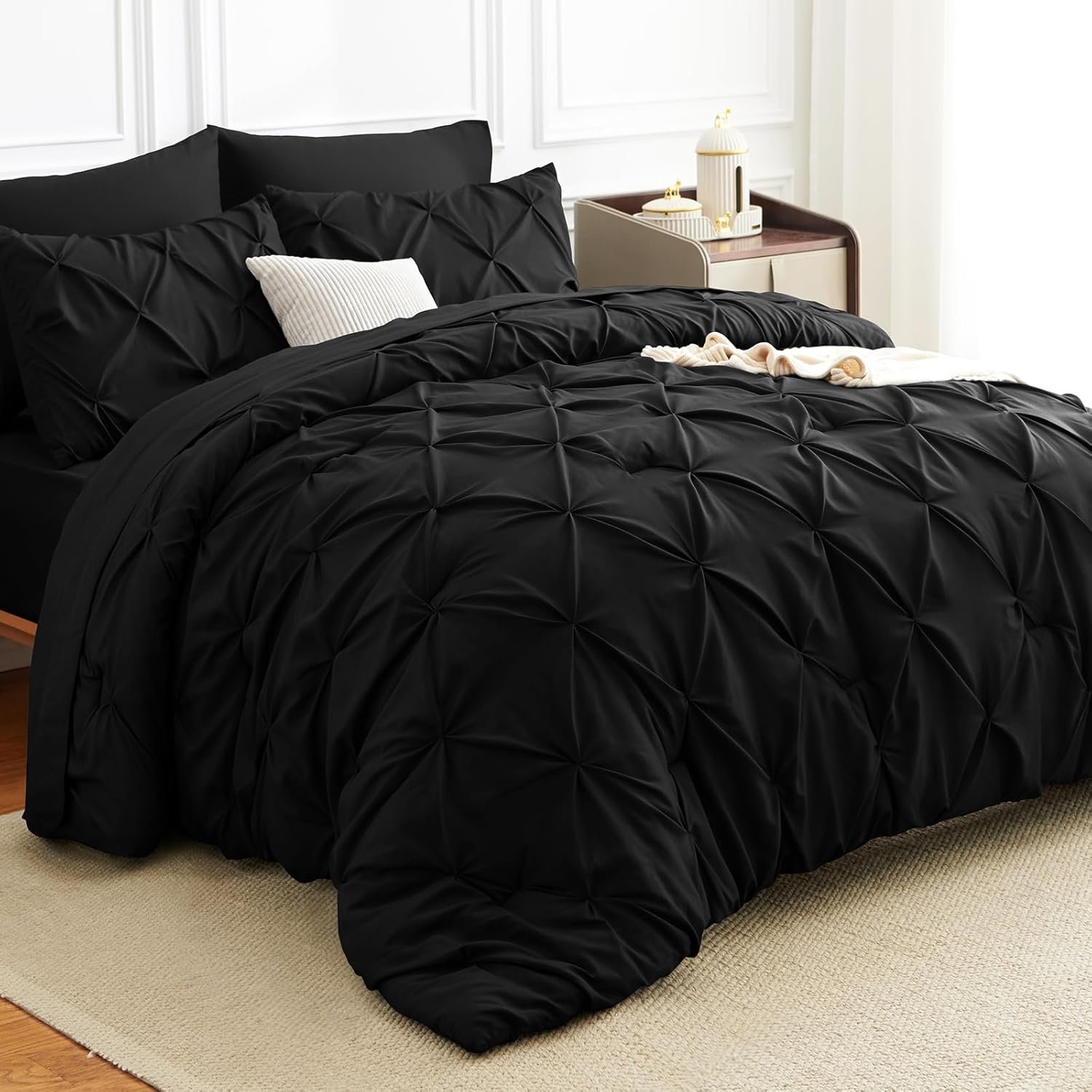 HIMEET Queen Comforter Set Black – 7 Pieces Pintuck Bed in a Bag | OEKO-TEX Certified, 240GSM Down Alternative Comforter, 14″ Deep Pocket Fitted Sheet + Flat Sheet + 2 Pillowcases + 2 Shams