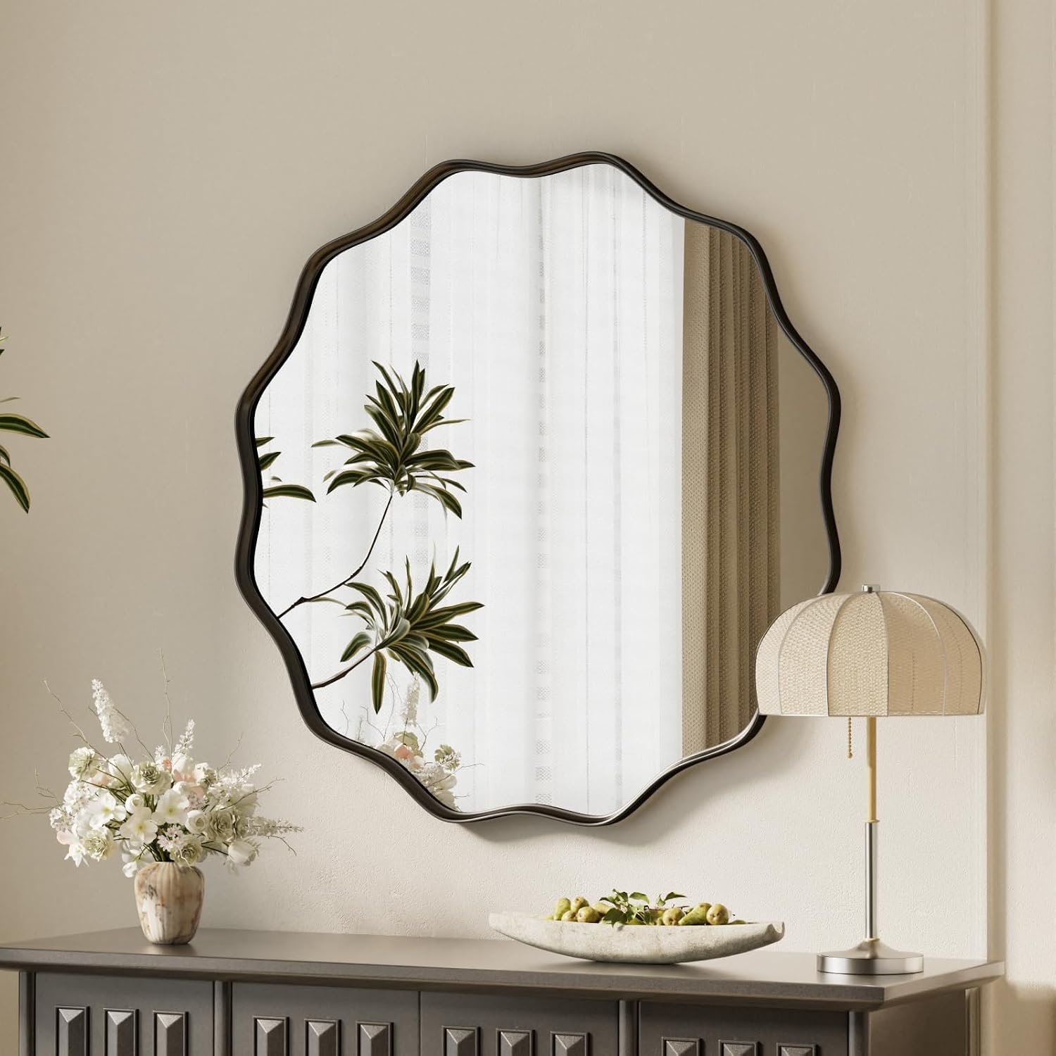 VooBang Black Scalloped Circle Mirror 20″ Wavy Edge Round Wall Mirror | Tempered Glass Textured Circular Metal Deep Frame, Hanging Leaning for Bathroom, Hallway, Entryway, Living Room