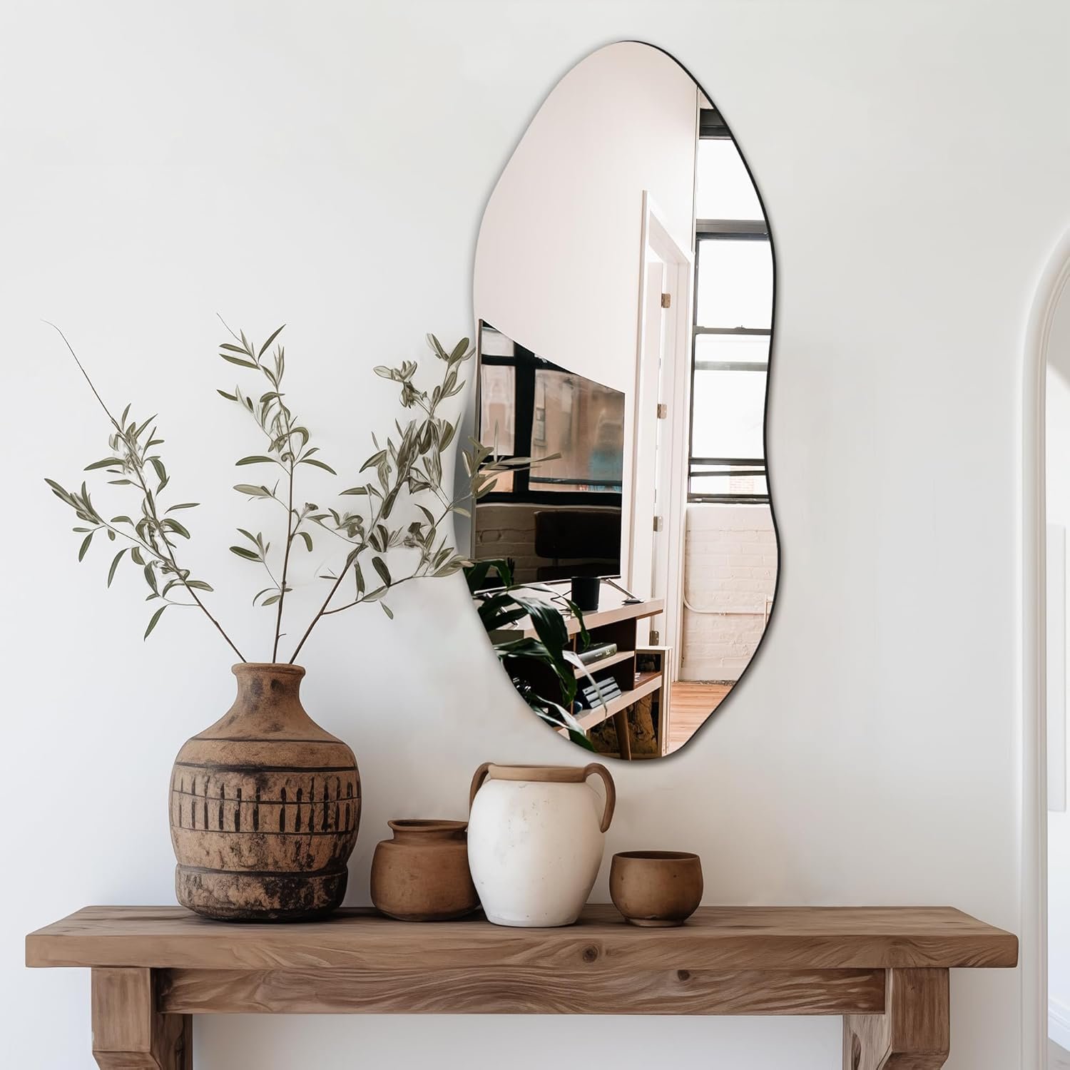 Irregular Wall Mirror, 32″x14″ Slim Vertical Wavy Design | Frameless, Entryway, Hallway & Bathroom, Modern Boho, Wall-Mounted