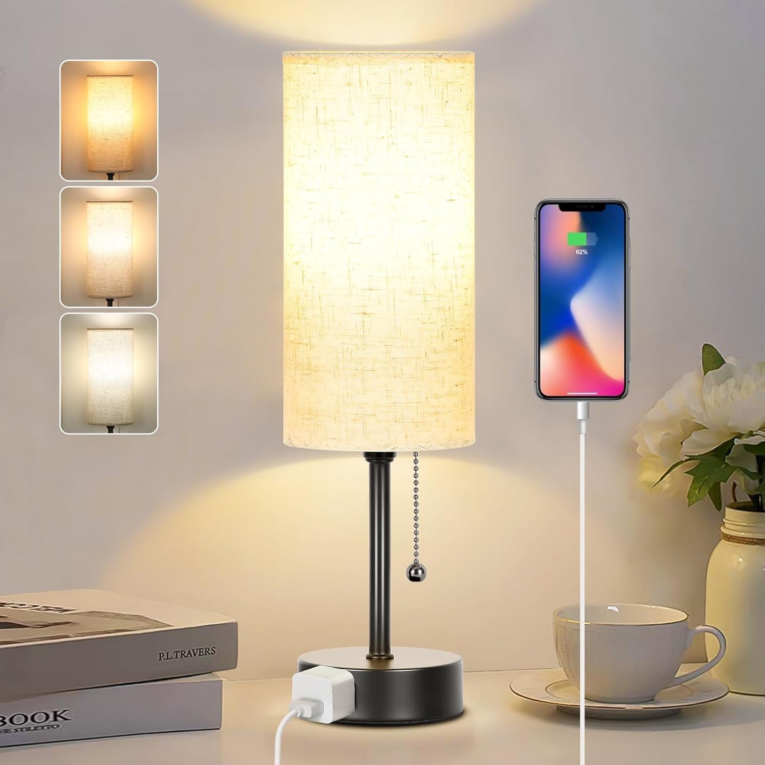 Bedside Table Lamp for Bedroom,Small Lamps for Night stands with Pull Chain | 3-Color Bedroom Table Lamps Desk Reading Light AC Outlet Nightstand Lamp for Living Room Decor/Dorm/Office Bulb Included