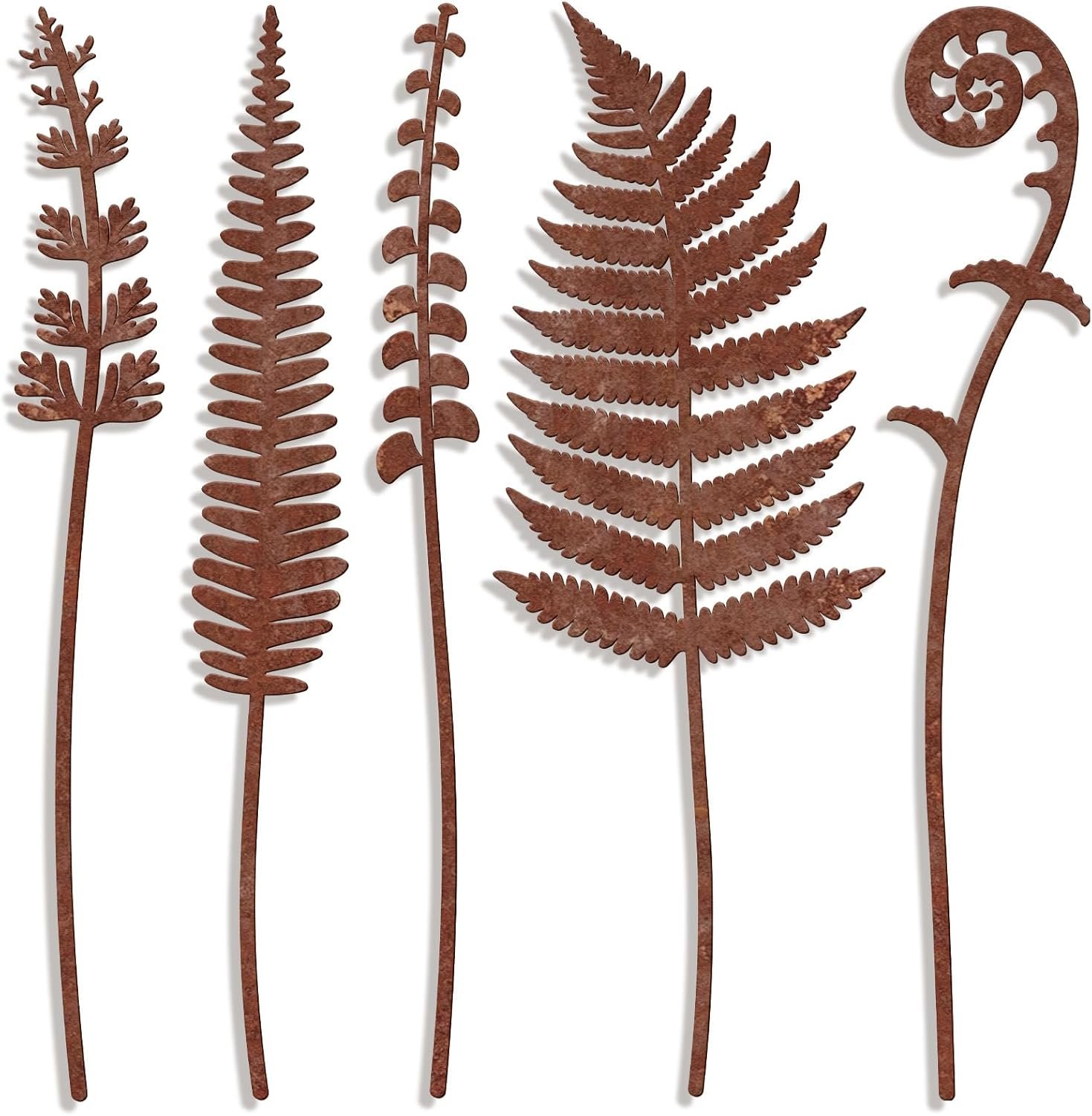 5pcs Metal Flowers Decorative Garden Stakes Garden Art Plant Stakes | Rustic Vintage Fern Leaf Metal Yard Art for Outdoor Lawn Yard Flower Bed Plant Decorations for Pots Vase Garden Lovers Gift