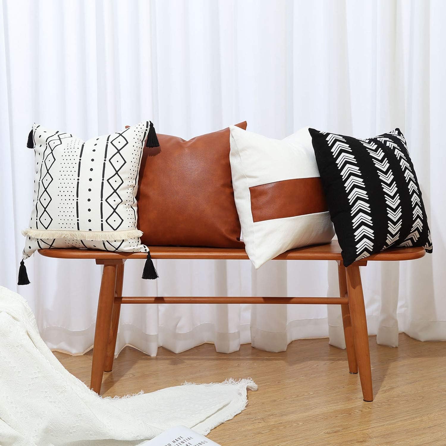 GALMAXS7 Boho Throw Pillow Covers 18 x 18 Set of 4 – Modern Stripe Geometric Farmhouse Decorative Pillow Cover Sets for Pillows – Couch Sofa Bed,Faux Leather Black and White Pillow Covers