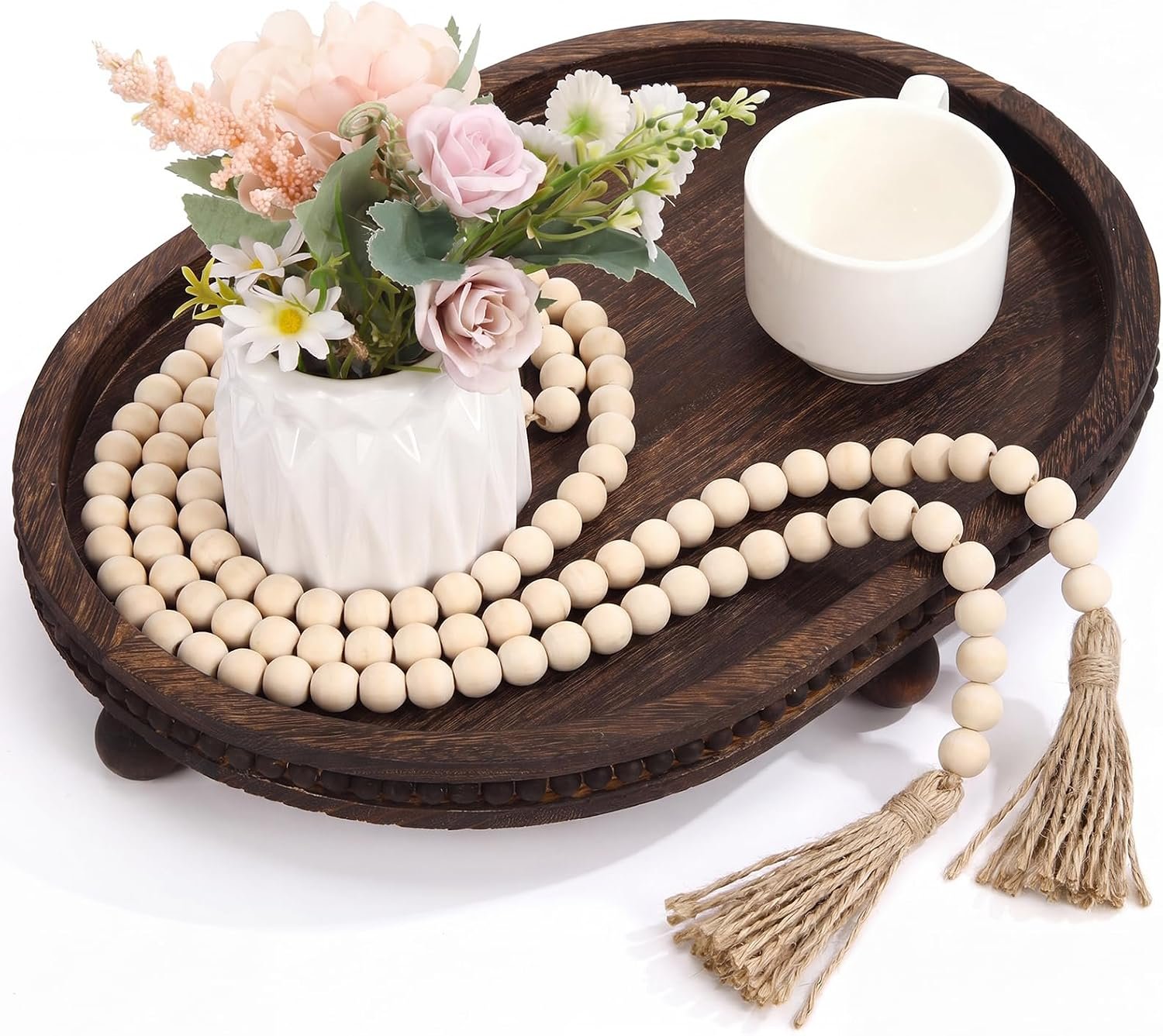 Mumufy 16″ x 11.8″ Oval Wood Decorative Tray with 58″ Wood Bead Garland, Beaded Coffee Table Decor Tray with Legs, Rustic Farmhouse Centerpiece for Dining Table, Kitchen Counter, Boho (Deep Brown)