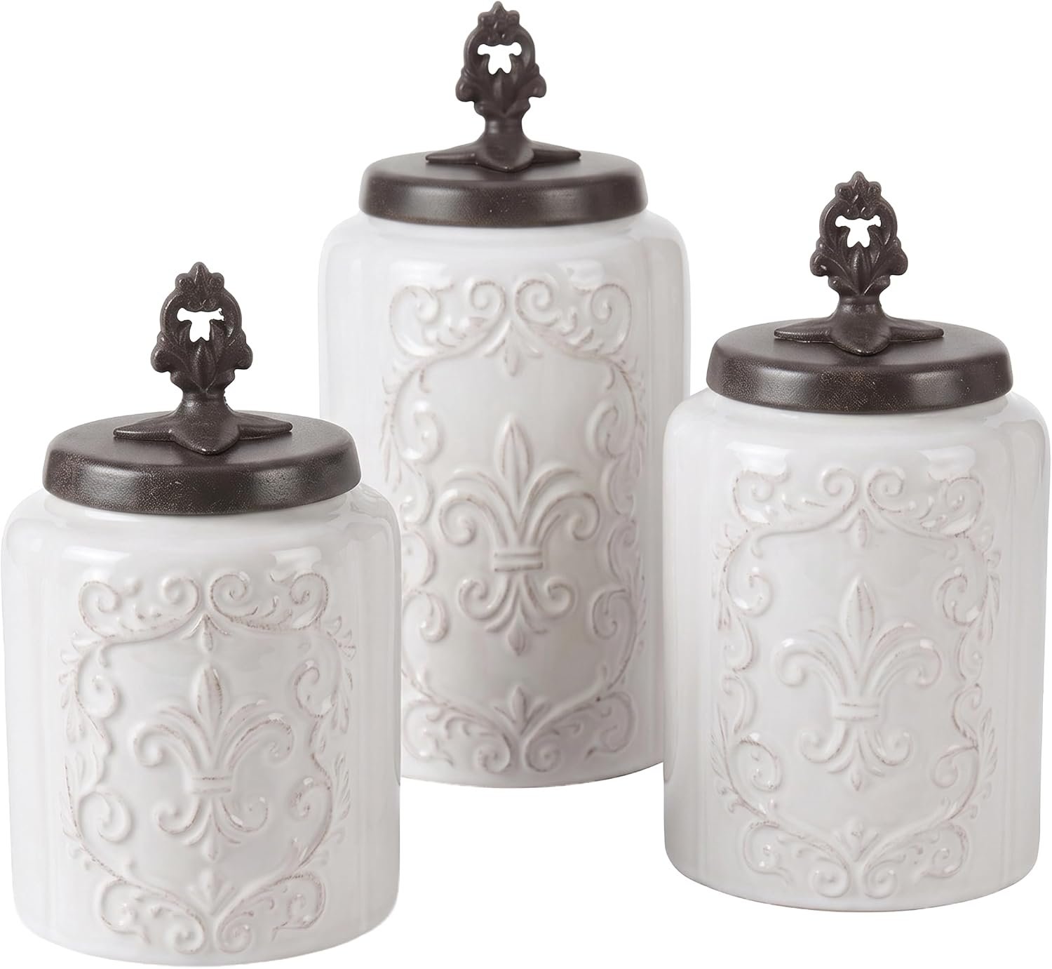 American Atelier Fleur de Lis White Canister Set 3-Piece Ceramic Jars in 84.5oz, 74.5oz, & 60oz Designed w/ Airtight Stainless Steel Lids for Cookies, Candy, Coffee, Flour, Sugar, Rice, Pasta, Cereal