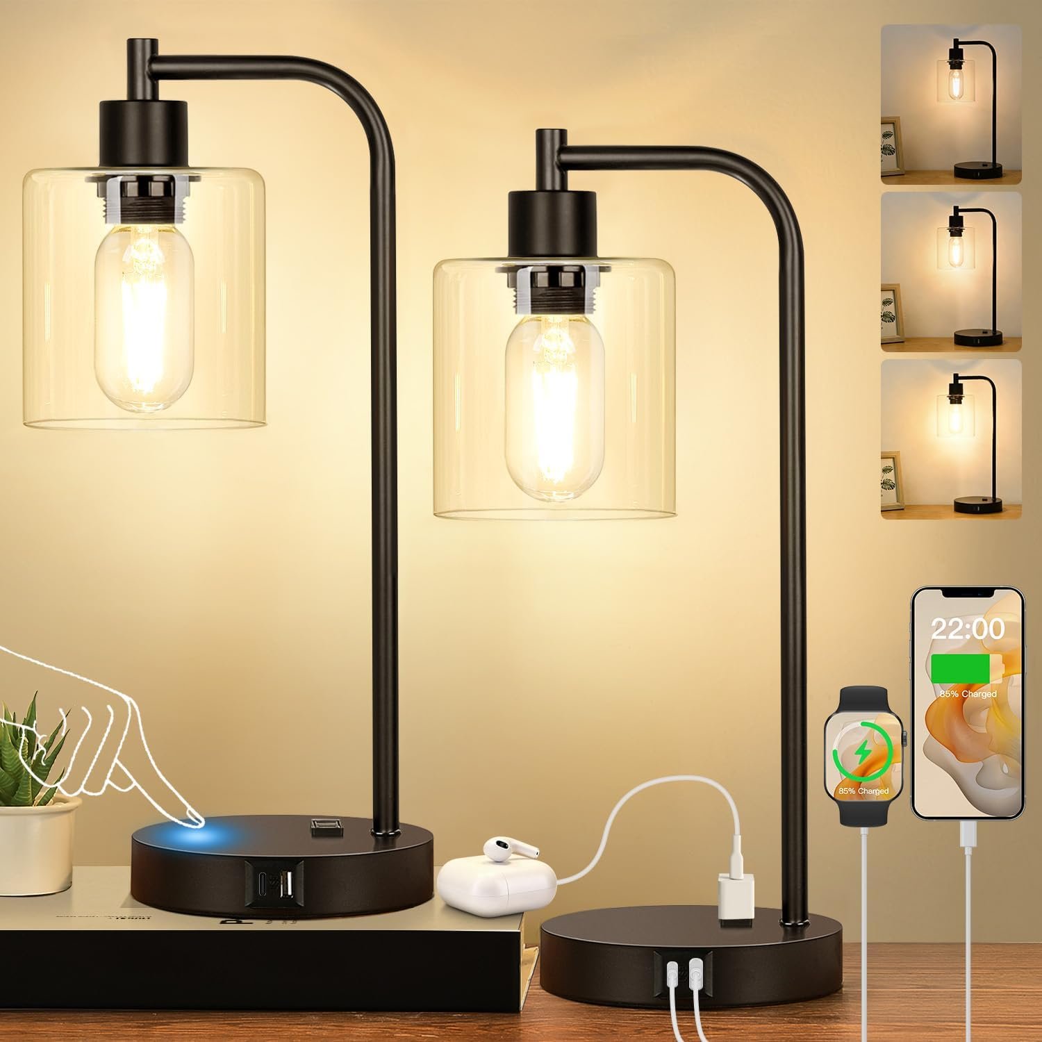 Set of 2 Industrial Touch Control Table Lamps with USB C+A Ports and AC Outlet – 3-Way Dimmable Black Bedside Lamps Nightstand Desk Lamps for Bedroom Living Room, Glass Shade & 2 LED Bulbs Included