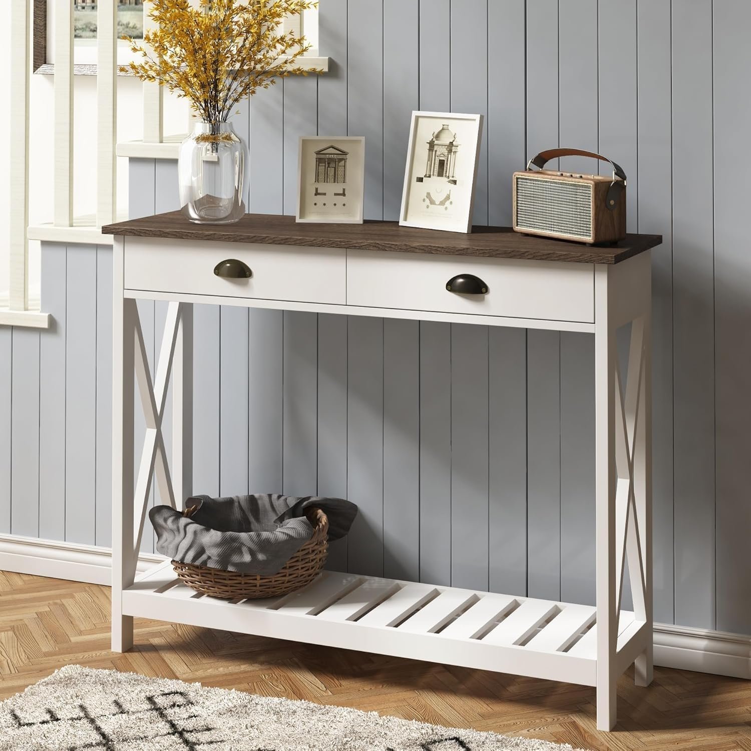 ChooChoo Console Table with Drawer for Entryway with Stable X Supports | Narrow Long Entry Table with Shelf for Living Room, Rustic Vintage Hallway Sofa Table, 47 White