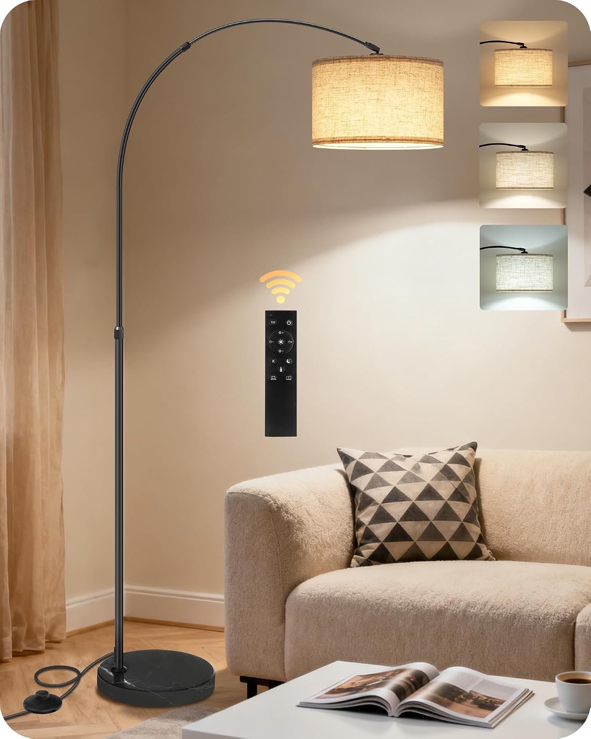 75″ Arc Floor Lamp with Marble Base and Adjustable Height, Rotating Hanging Shade, Dimmable Floor Lamp for Living Room with Remote and Foot Switch, 3CCT, Over Couch Arched Reading Light E15LD05