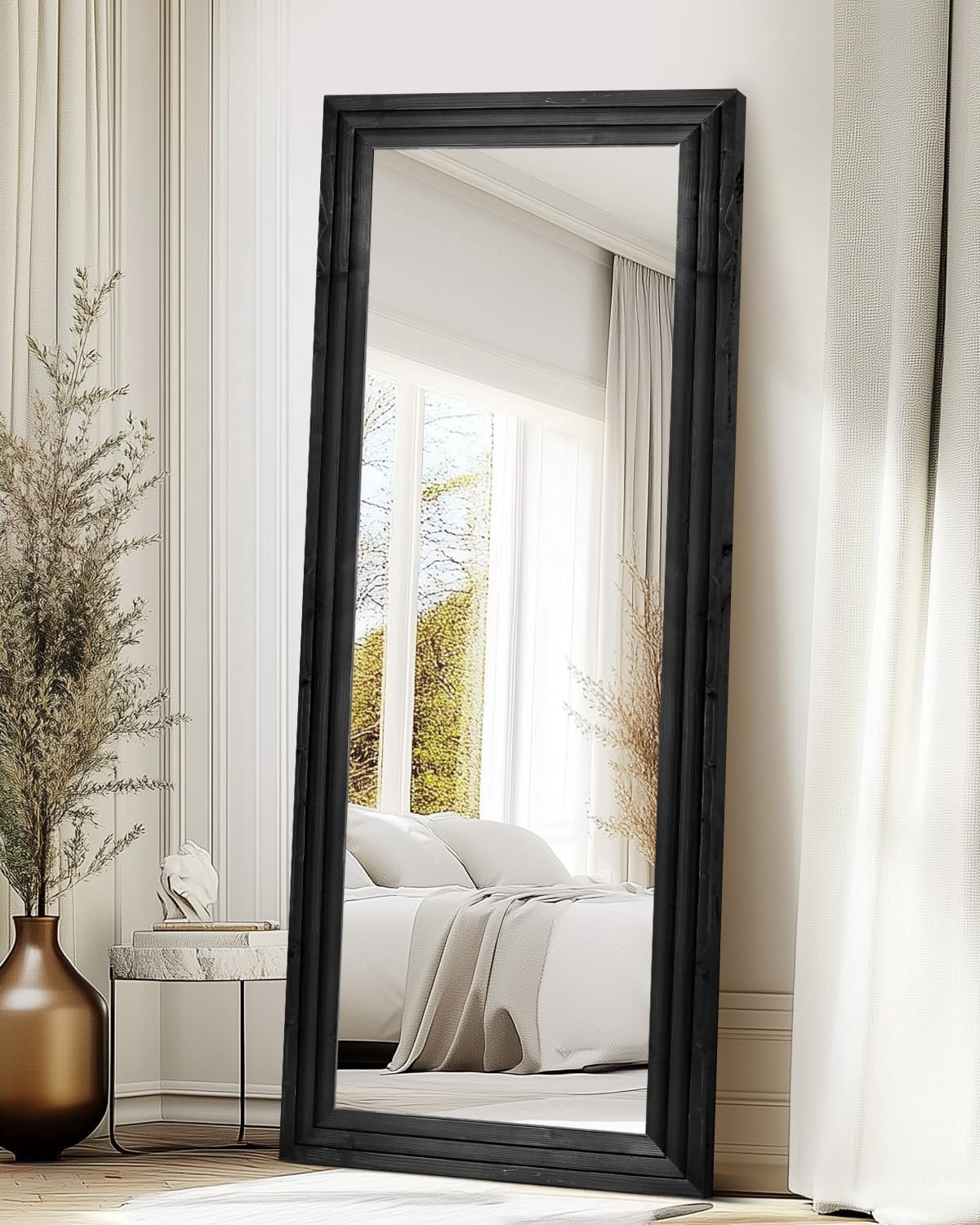 65x24in Full Length Mirror, 3-Tier Stepped Solid Wood Frame, Black | Hanging Or Leaning Wall-Mounted, Large Floor Mirror, Living Room Bedroom Decor