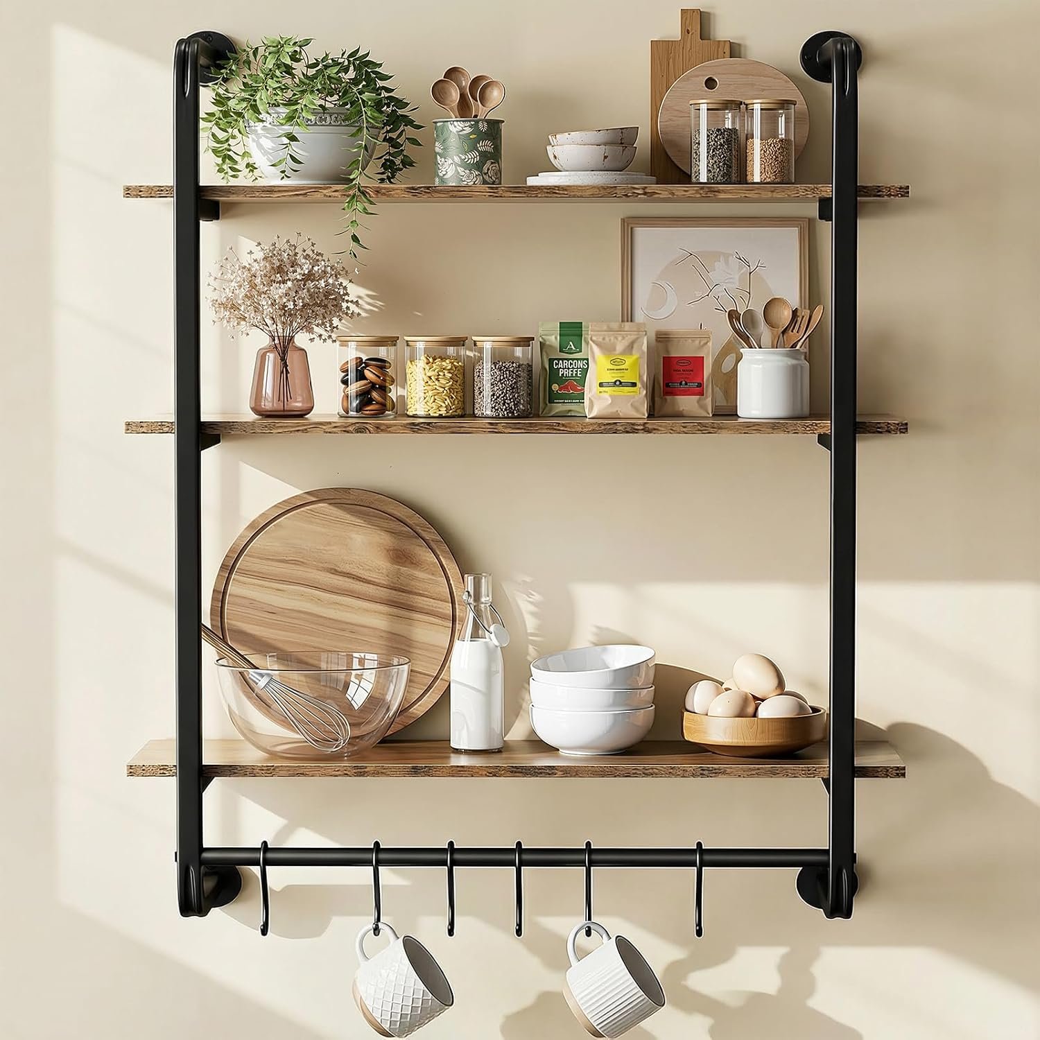 3 Tier Industrial Pipe Floating Shelf, 24″ Kitchen Wall Shelves | with Towel Bar & 6 Hooks, Coffee Bar Shelves Display Bookshelf Wall Shelf for Kitchen, Bathroom, Home Décor, Rustic Brown