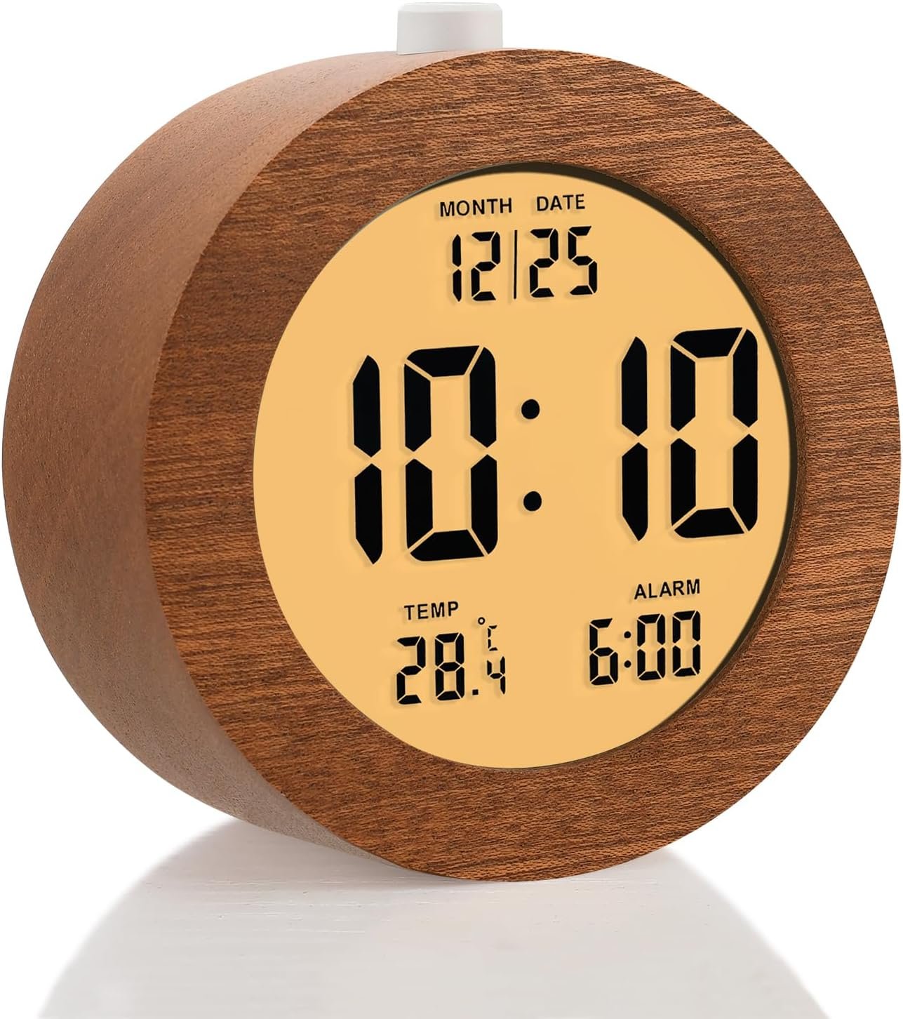 Plumeet Wooden Digital Alarm Clock for Bedrooms, Wood 4” Battery Powered Alarm Clock with Snooze and Nightlight, Electronic LCD Desk Clock Display Time, Date, Temp, 12/24H, Wood Décor, Round, Sapele