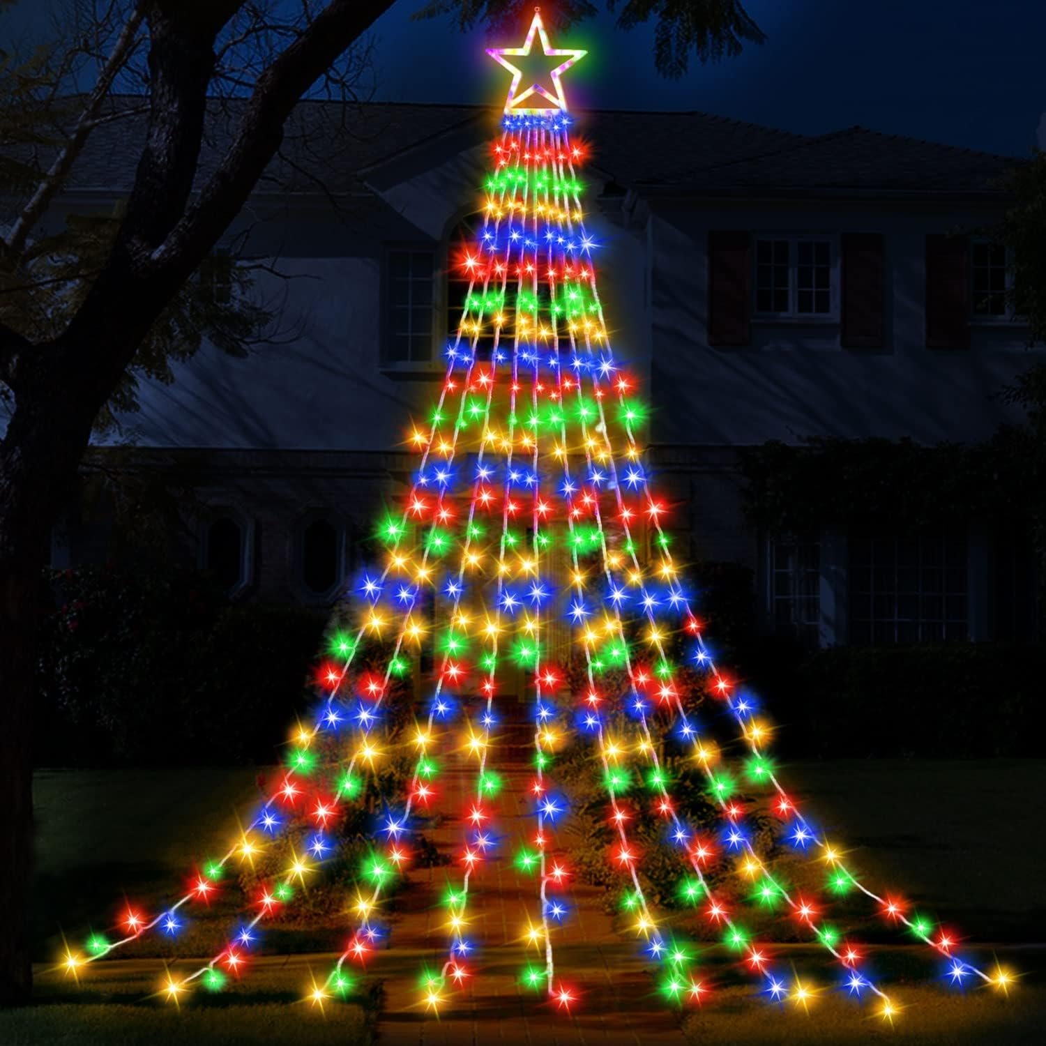 Christmas Decorations Star String Lights, 320 LEDs Outdoor Waterfall Tree Lights with 13″ Topper Star, Plug in Waterproof Hanging Fairy Lights for Xmas New Year Holiday Party Yard Patio Decor