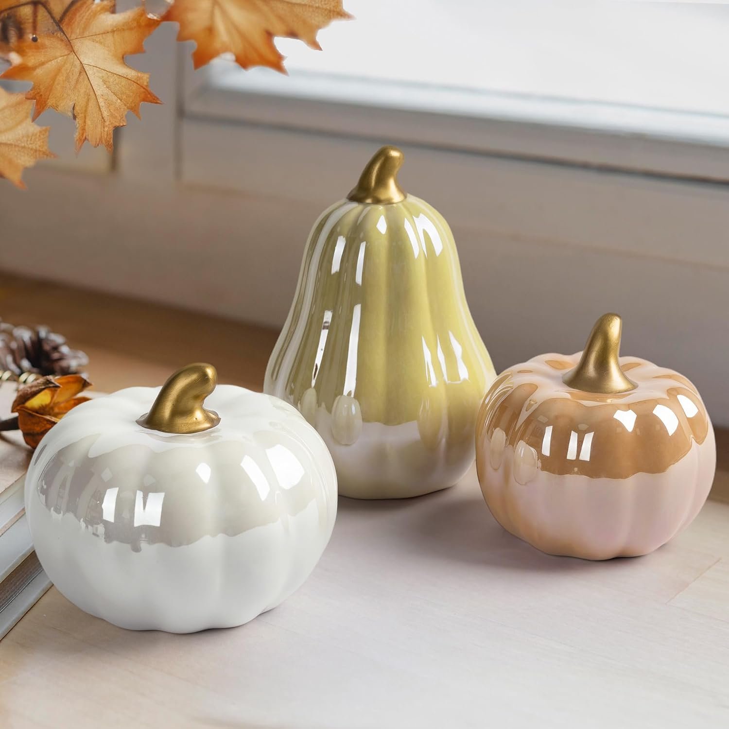Modern Ceramic Pumpkins Fall Decor Indoor, Cozy Farmhouse Tabletop Decorations, Artificial Pumpkins Decor for Fall Table Runner, Office, Holiday Party Home, Set of 3 Neutral Tones
